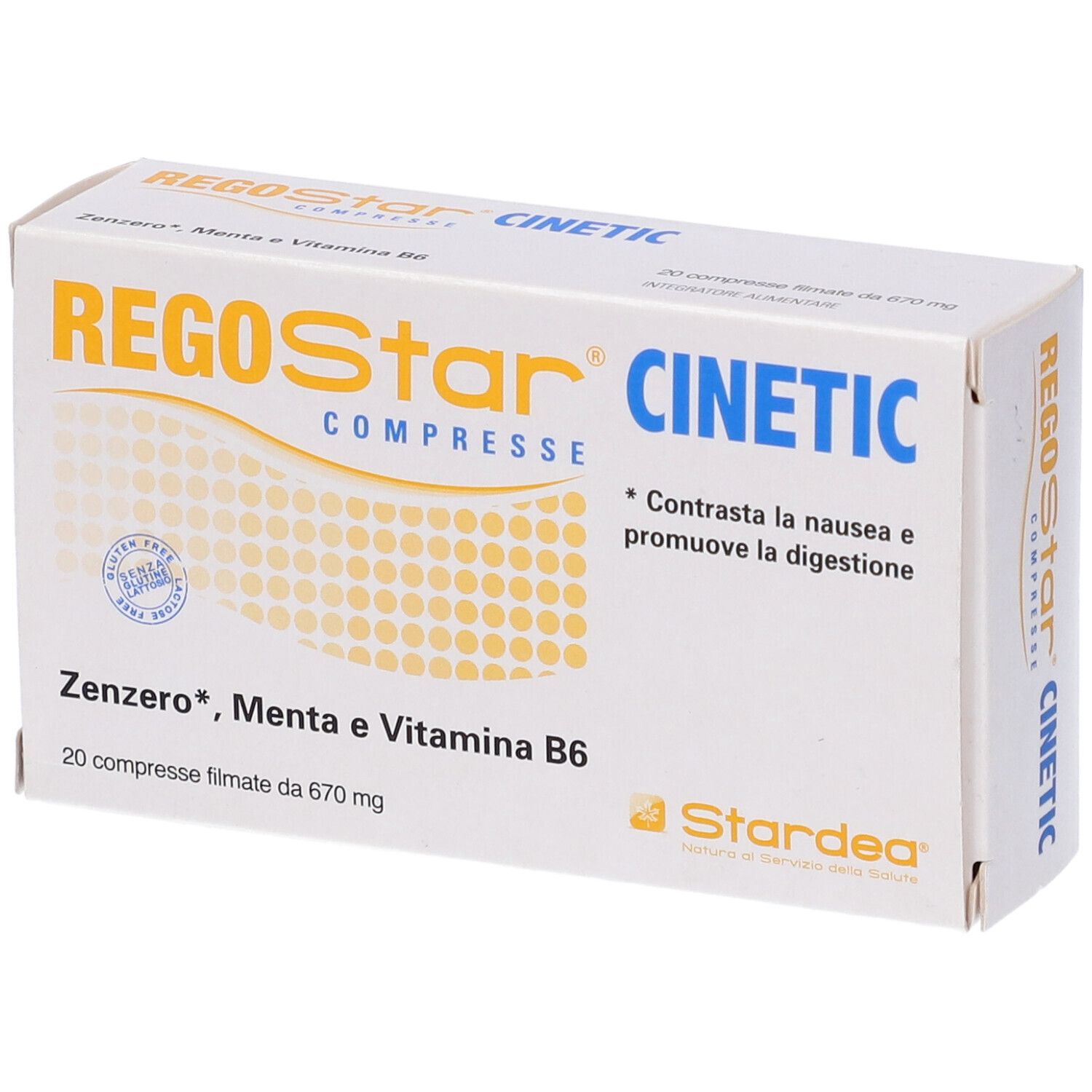 Scatola 'Regostar Cinetic'. Contiene: 'Zenzero, Menta e Vitamina B6', 20 compresse. Logo.
