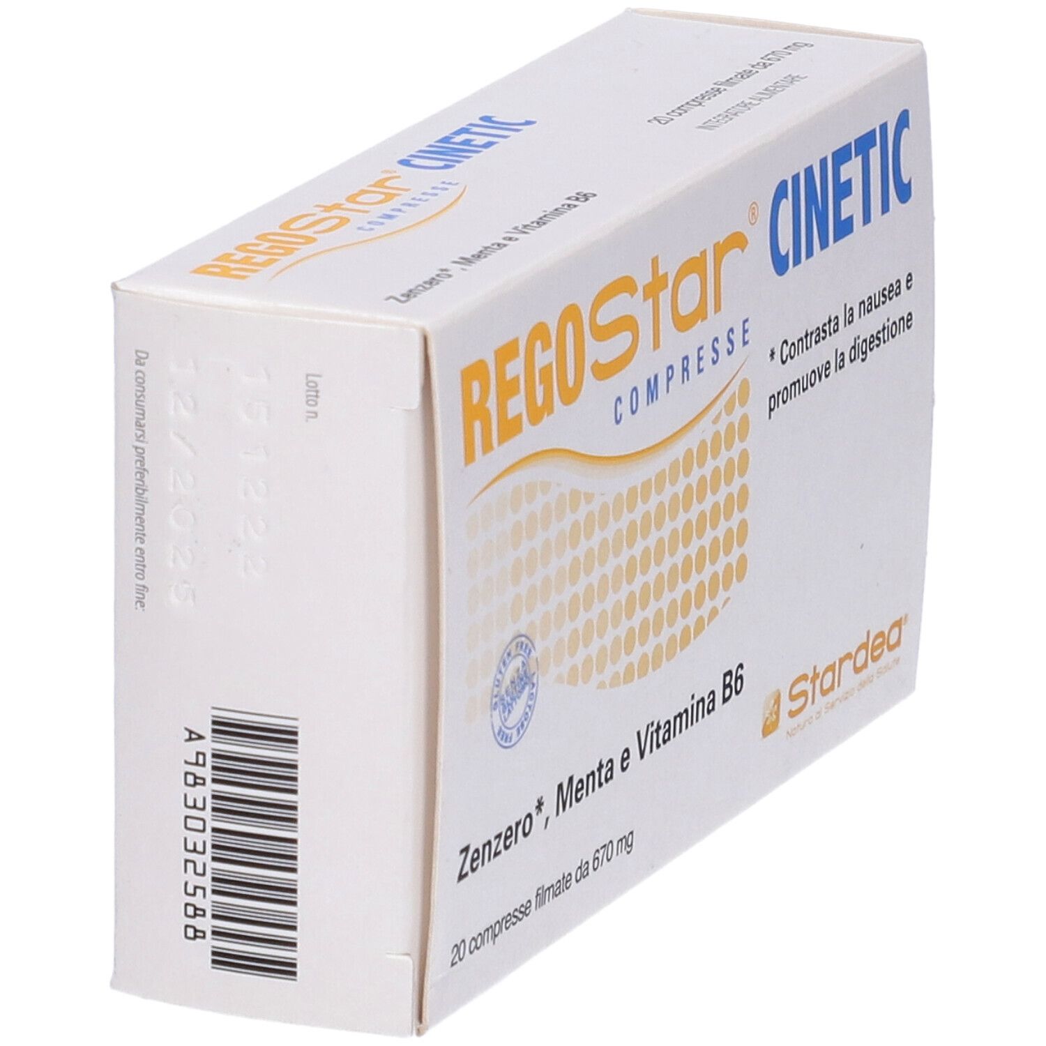 Scatola 'Regostar Cinetic'. Contiene: 'Zenzero, Menta e Vitamina B6', 20 compresse. Logo.