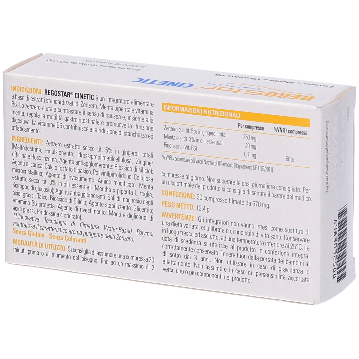 Retro scatola 'Regostar Cinetic'. Ingredienti, informazioni nutrizionali, avvertenze. 20 compresse.