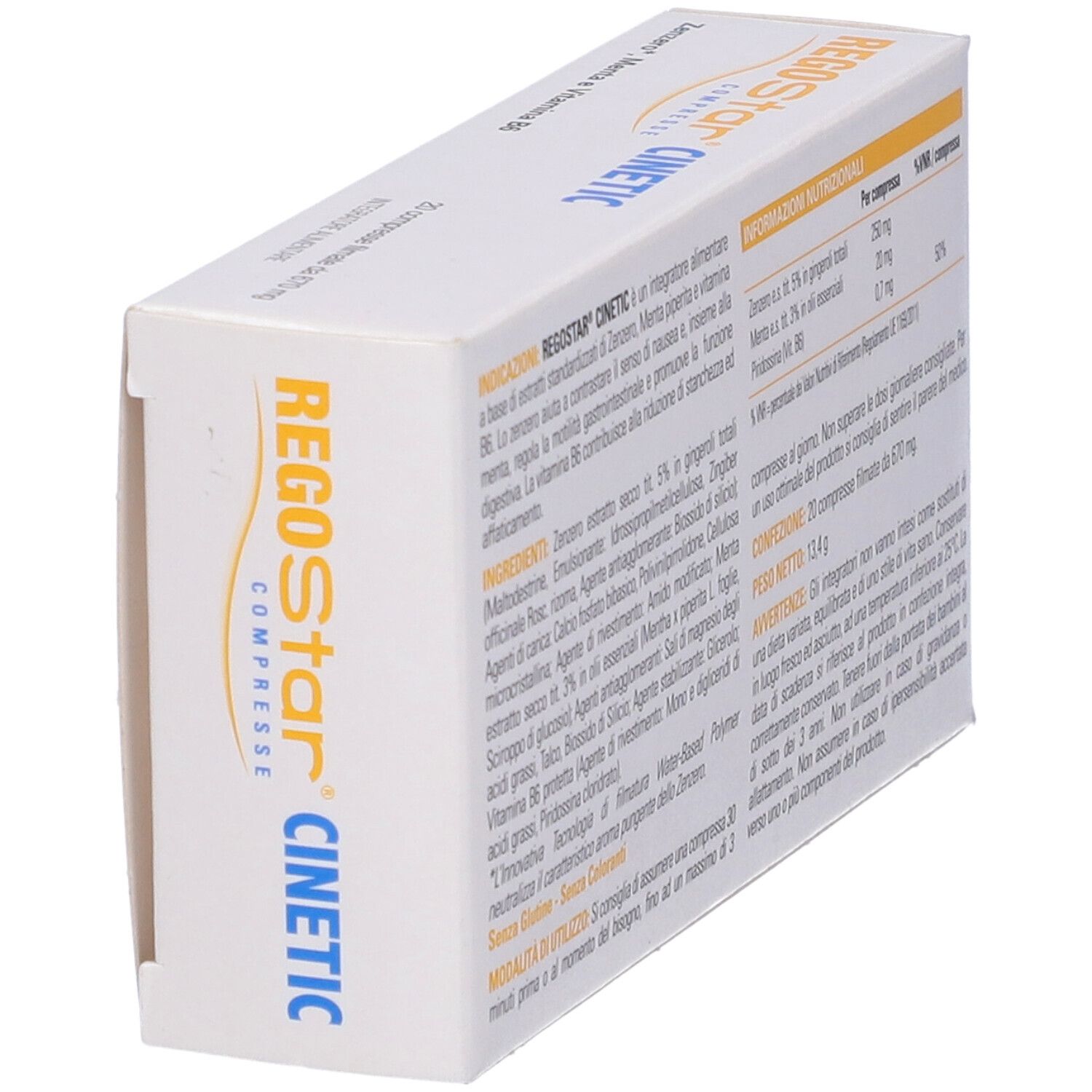 Scatola 'Regostar Cinetic'. Ingredienti, informazioni nutrizionali, avvertenze. 20 compresse.
