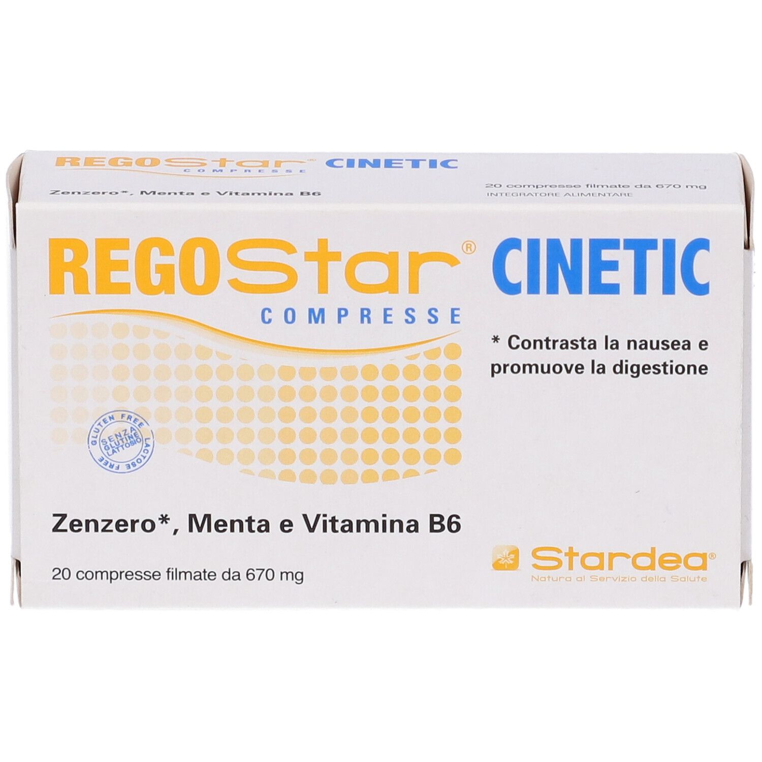 Scatola 'Regostar Cinetic'. Contiene: 'Zenzero, Menta e Vitamina B6', 20 compresse. Logo.