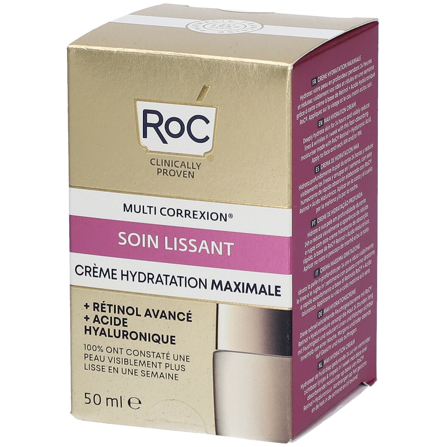 Confezione dorata. Nome e logo del prodotto. Testo: Crème Hydratation Maximale. 50 ml.