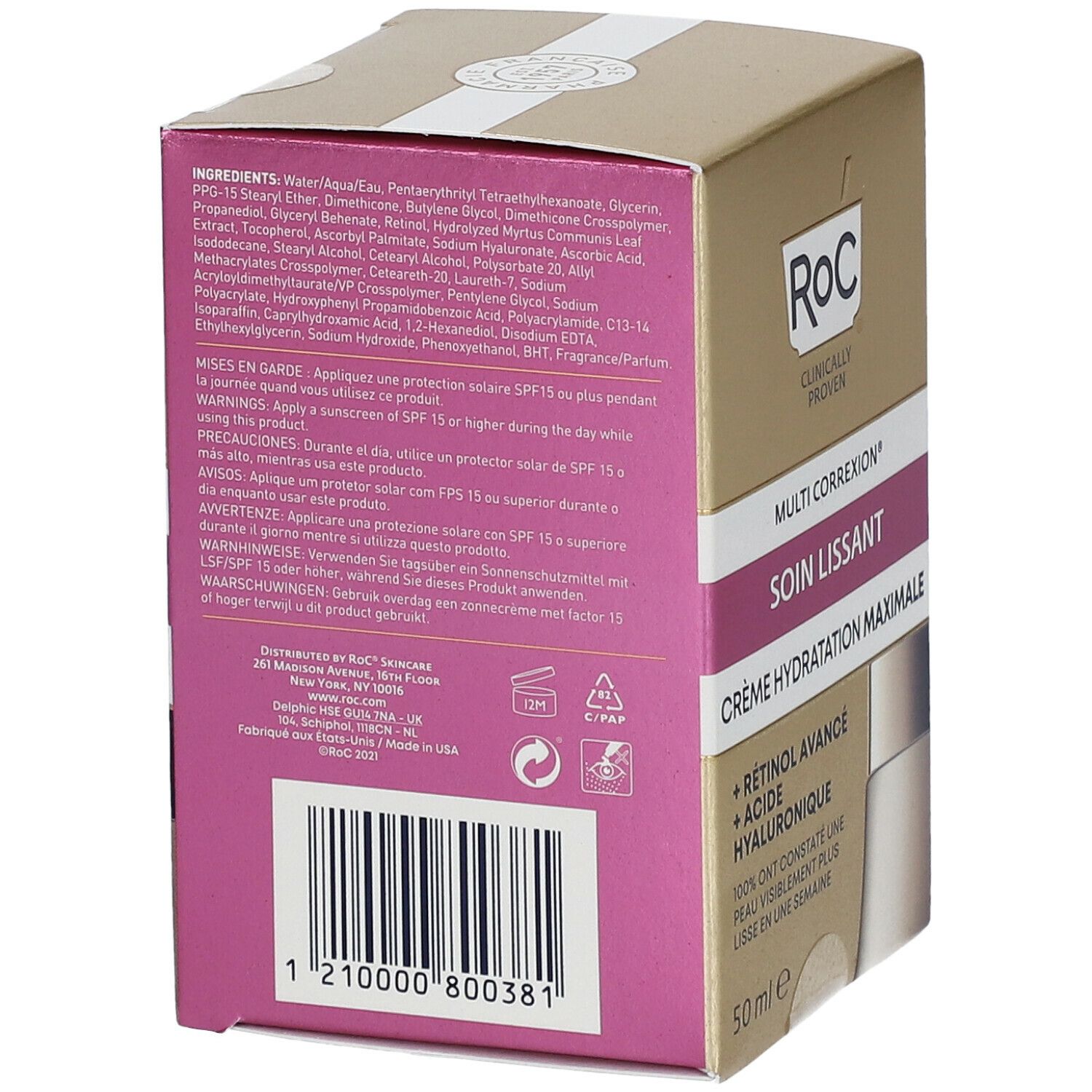 Confezione con ingredienti e avvertenze. Oro e rosa. Codice a barre e logo.