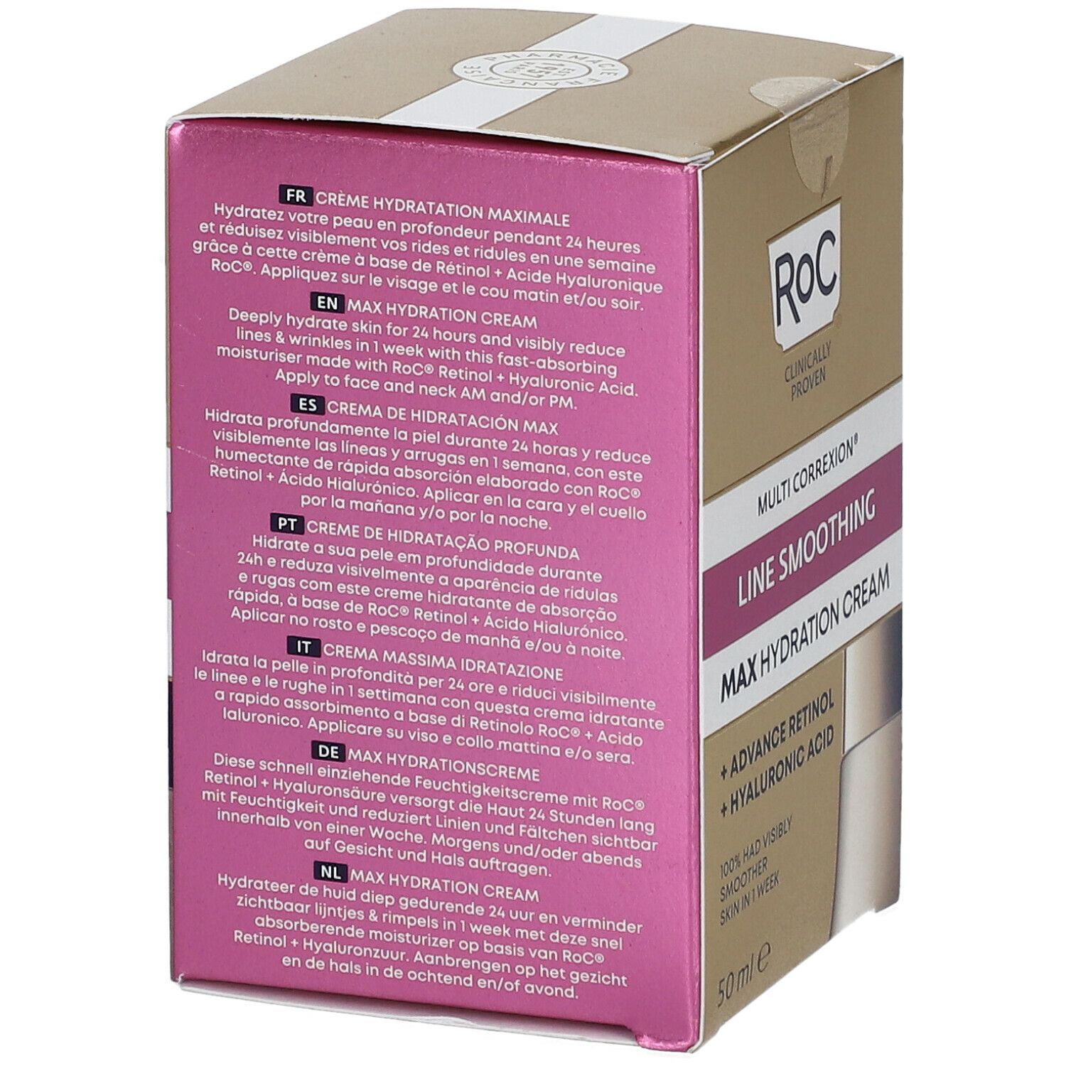Confezione con informazioni sul prodotto in più lingue. Oro e rosa.