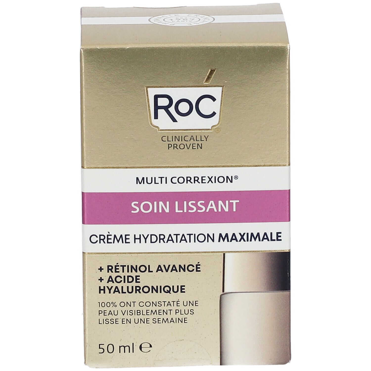 Confezione dorata. Nome e logo del prodotto. Testo: Crème Hydratation Maximale. 50 ml.