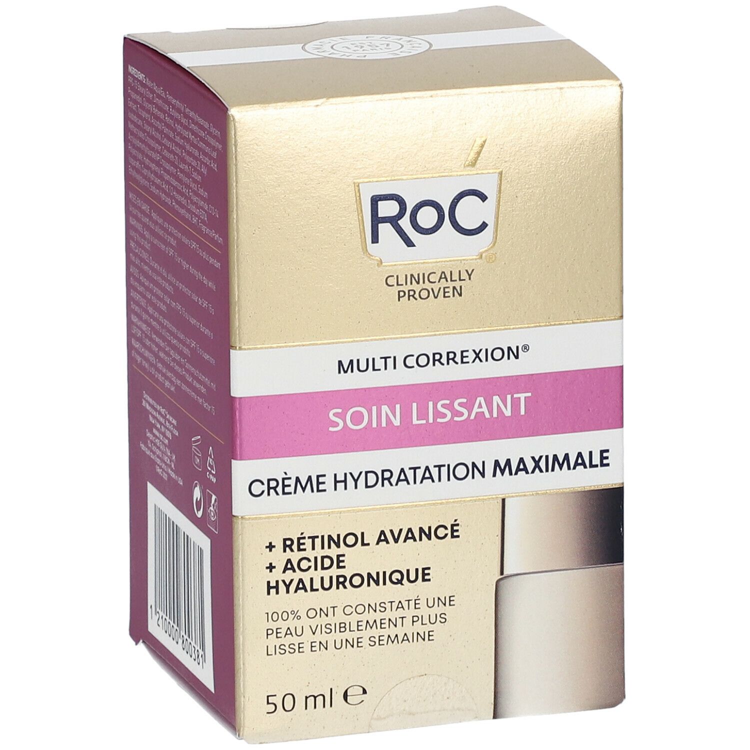 Confezione dorata. Nome e logo del prodotto. Testo: Crème Hydratation Maximale. 50 ml.