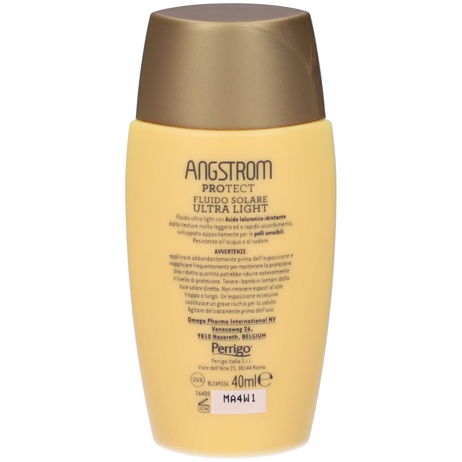Rückseite einer gelben Flasche mit goldfarbenem Deckel. Text in italienischer Sprache. Aufschrift: Angstrom Protect, Fluido Solare Ultra Light.