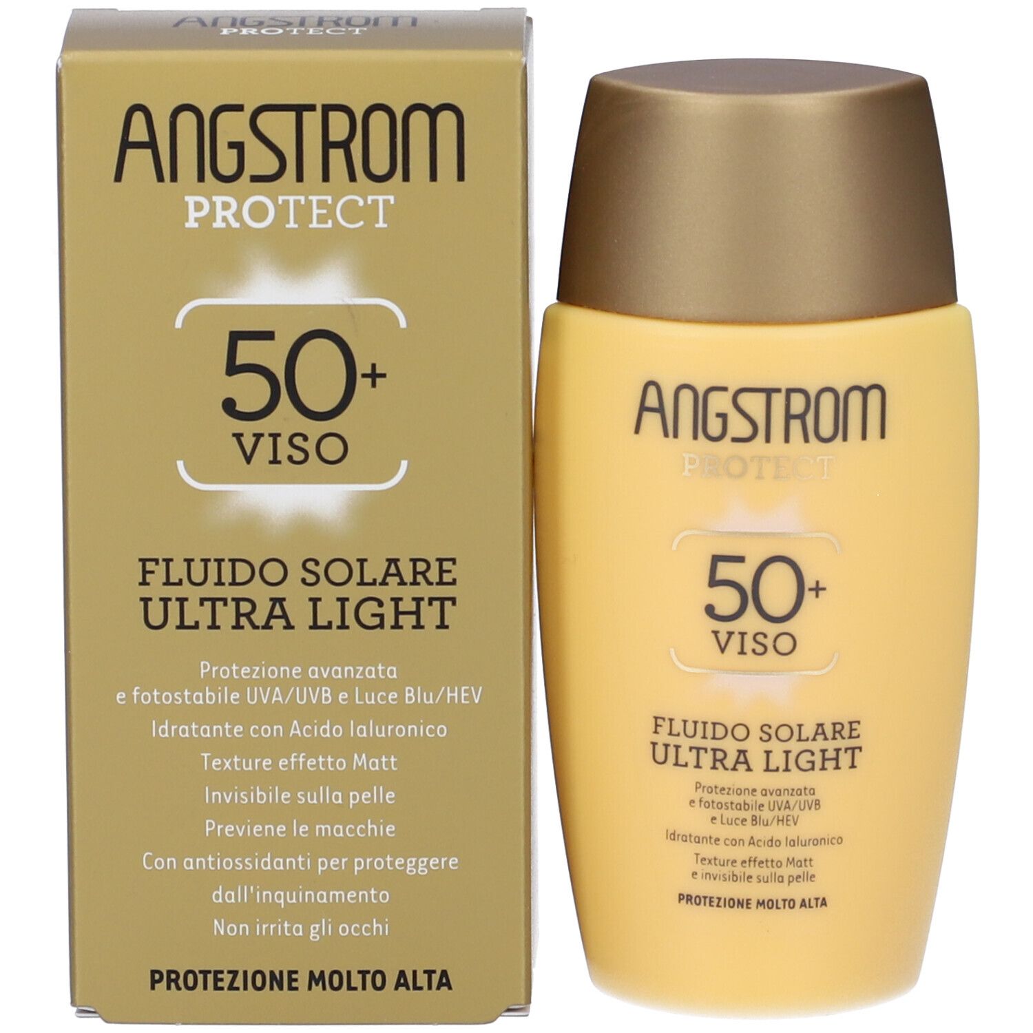 Produktverpackung und Flasche. Verpackung: Angstrom Protect, 50+ Viso, Fluido Solare Ultra Light. Flasche: gelb mit goldfarbenem Deckel.