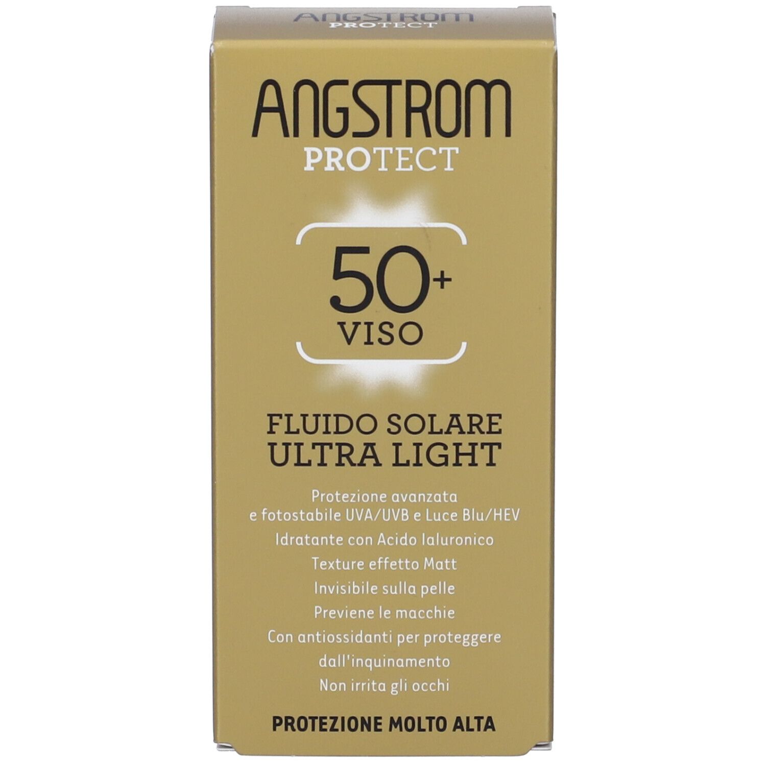 Produktverpackung. Aufschrift: Angstrom Protect, 50+ Viso, Fluido Solare Ultra Light. Text in italienischer Sprache. Goldfarbener Hintergrund.