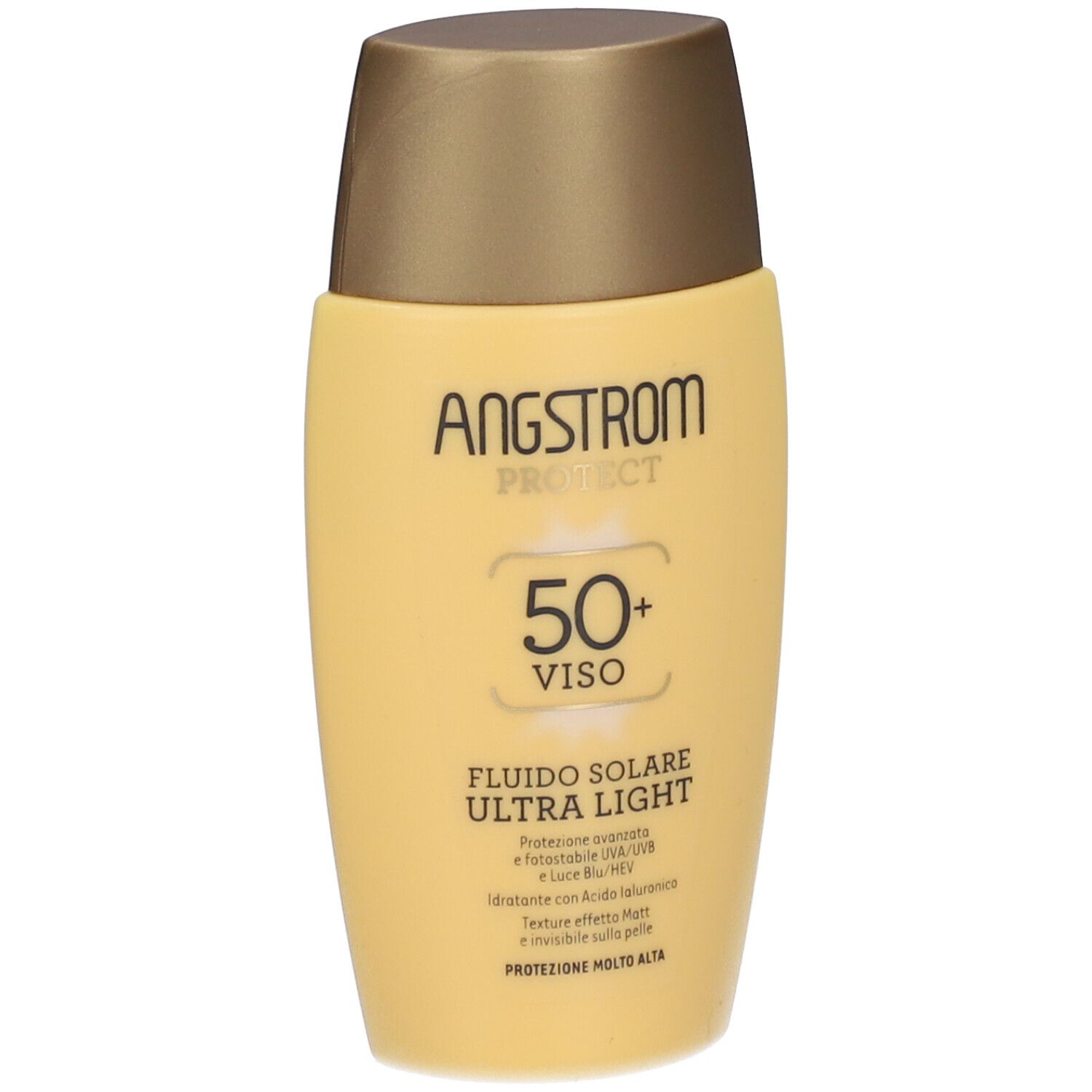 Seitenansicht der Produktverpackung. Aufschrift: Angstrom Protect. Text in italienischer Sprache. Goldfarbener Hintergrund.
