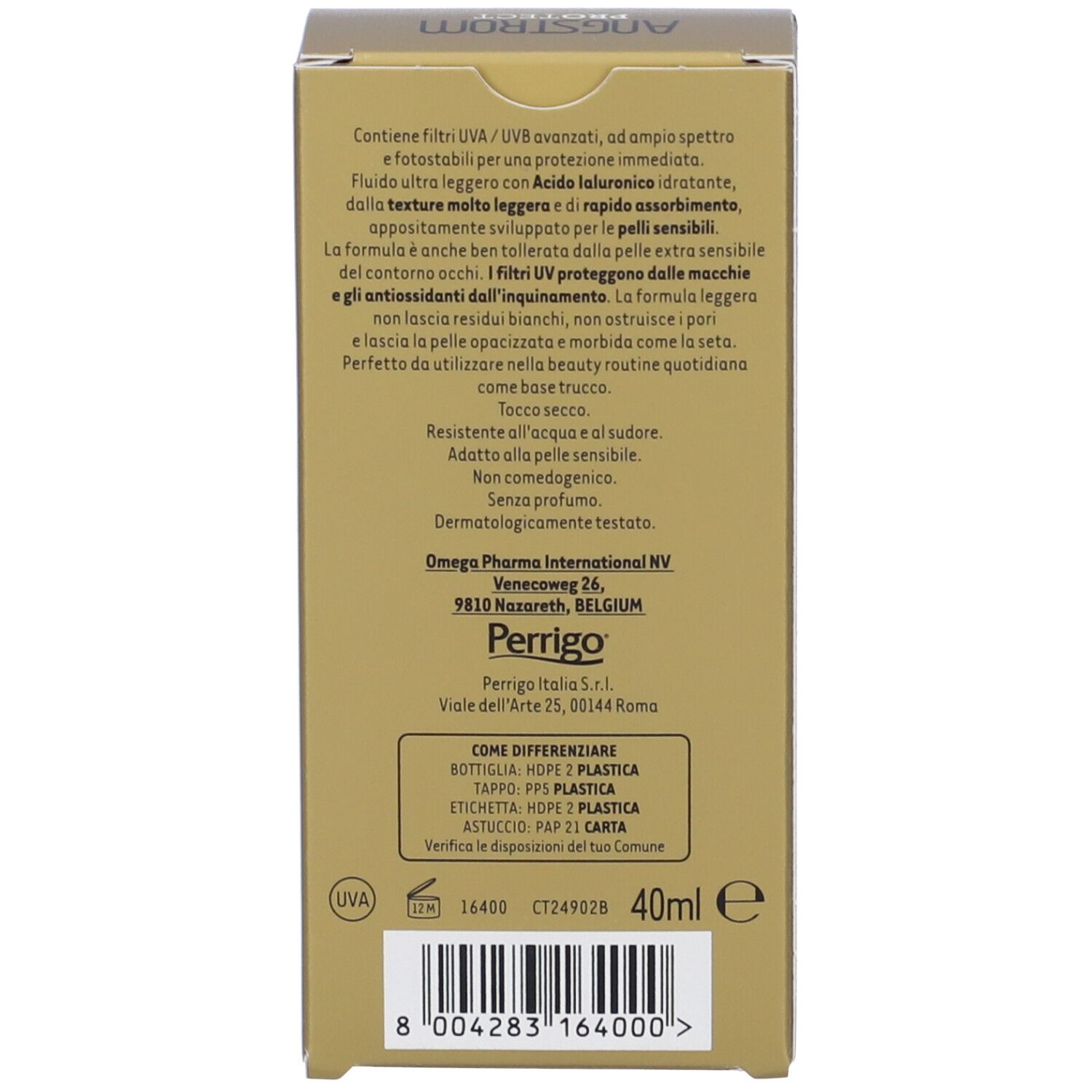 Rückseite der Produktverpackung. Text in italienischer Sprache. Aufschrift: Angstrom Protect. Goldfarbener Hintergrund. 40ml.