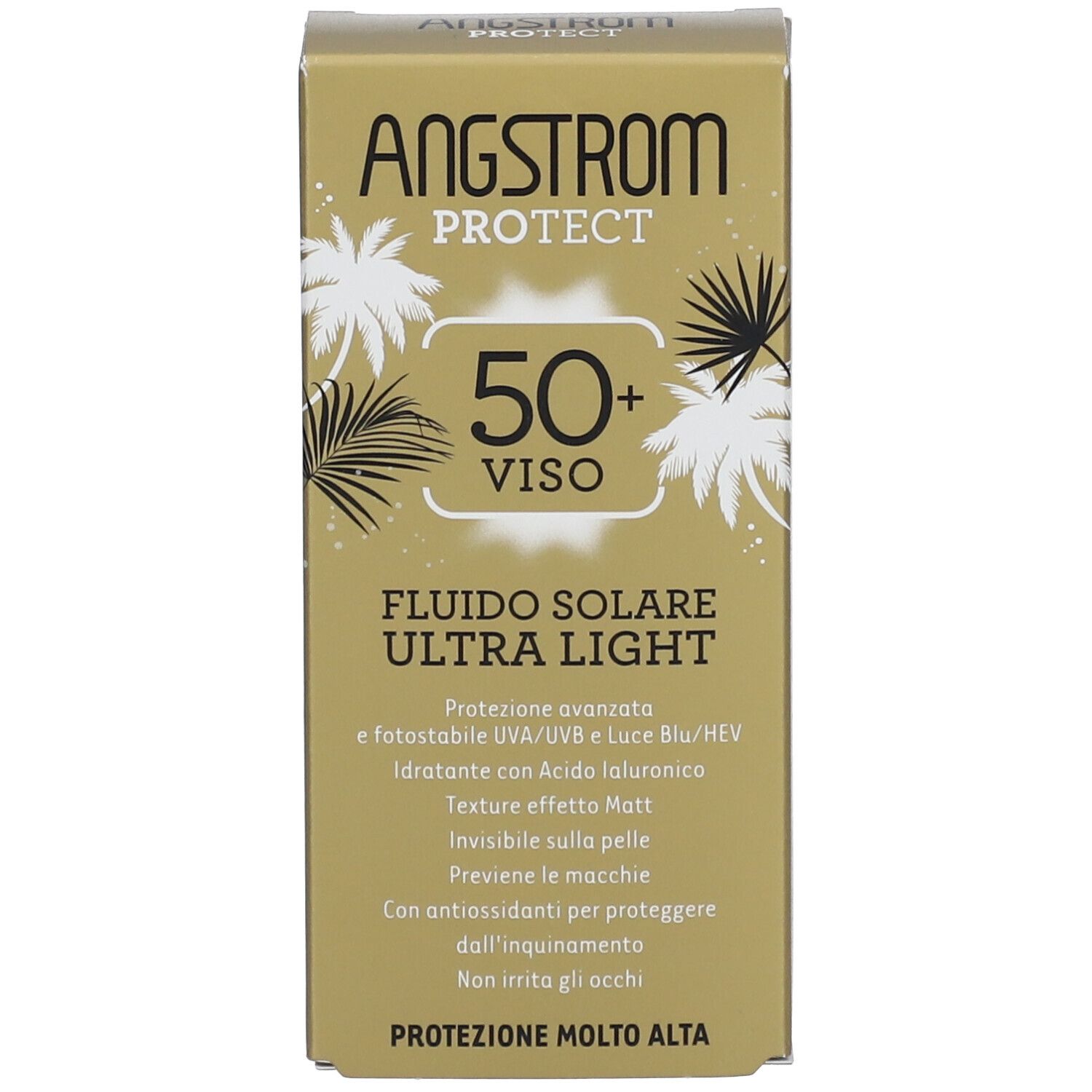 Seite der Produktverpackung. Aufschrift: Angstrom Protect. Inhaltsstoffe in englischer Sprache. Goldfarbener Hintergrund.