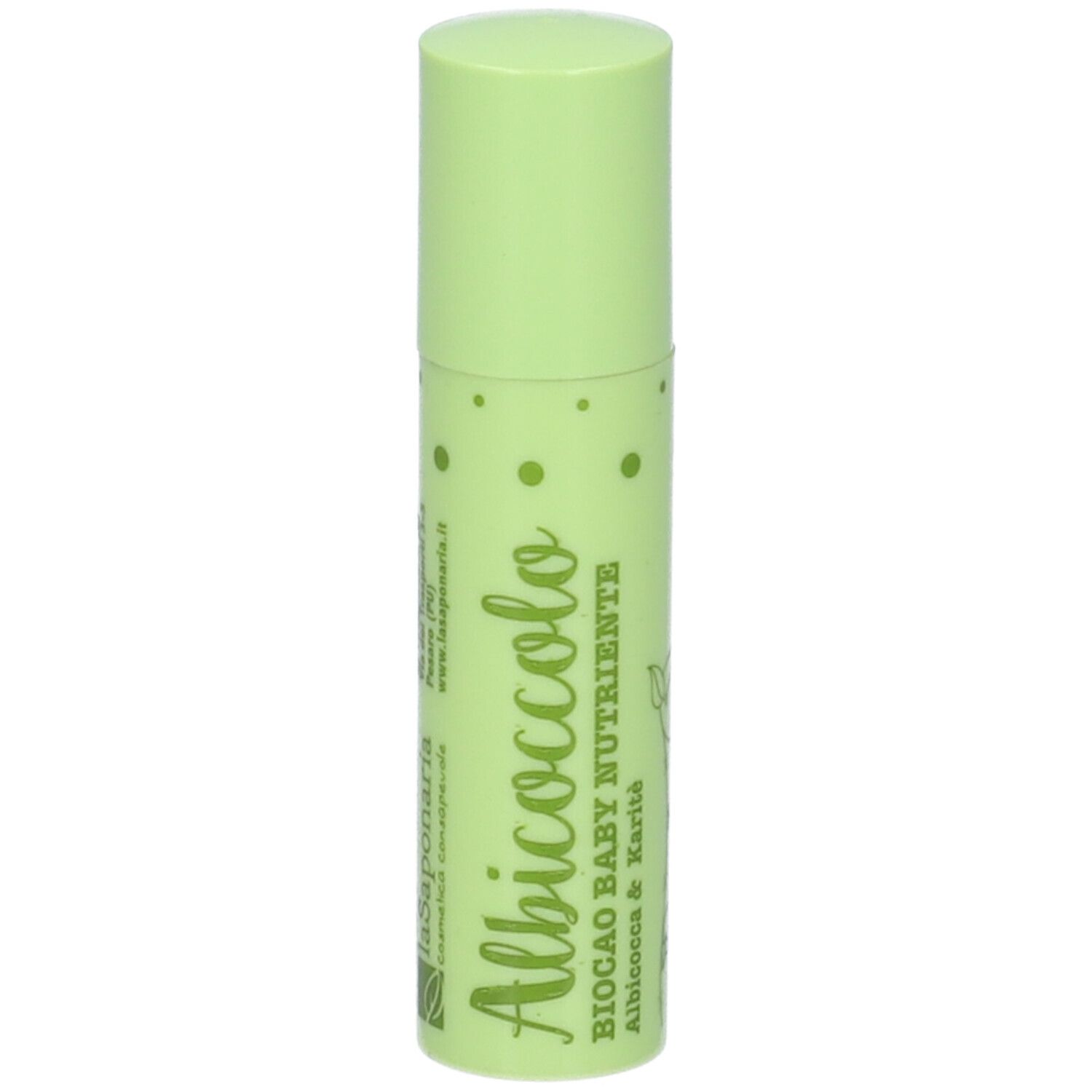 Stick balsamo labbra verde con scritta 'Albococco Baby Nutriente'.