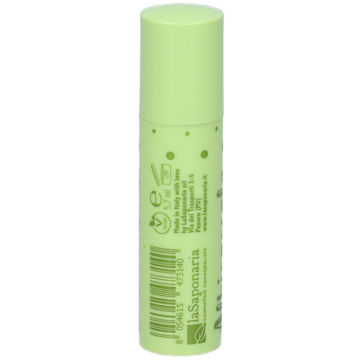 Stick balsamo labbra verde. Retro con testo e codice a barre.