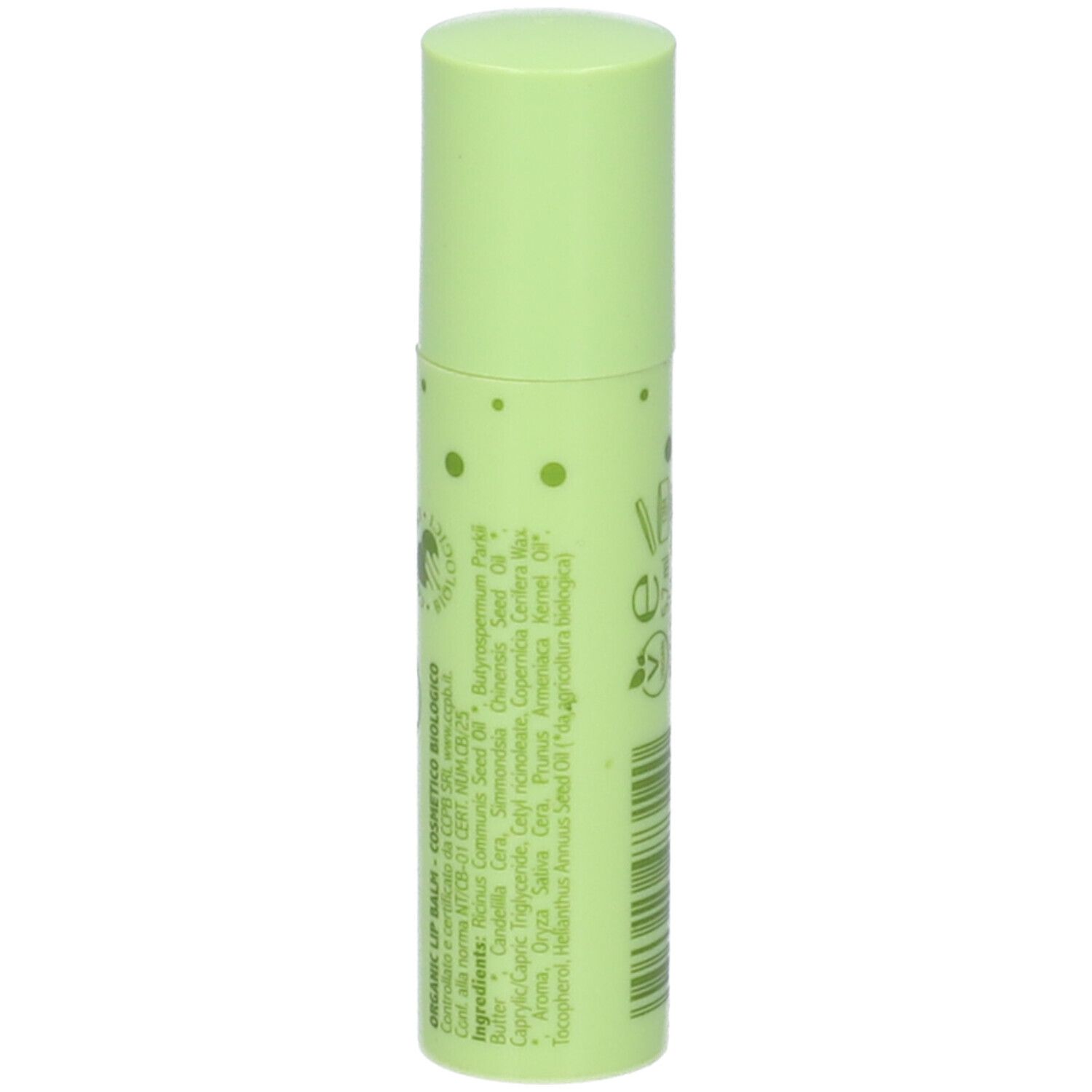 Stick balsamo labbra verde con elenco ingredienti.