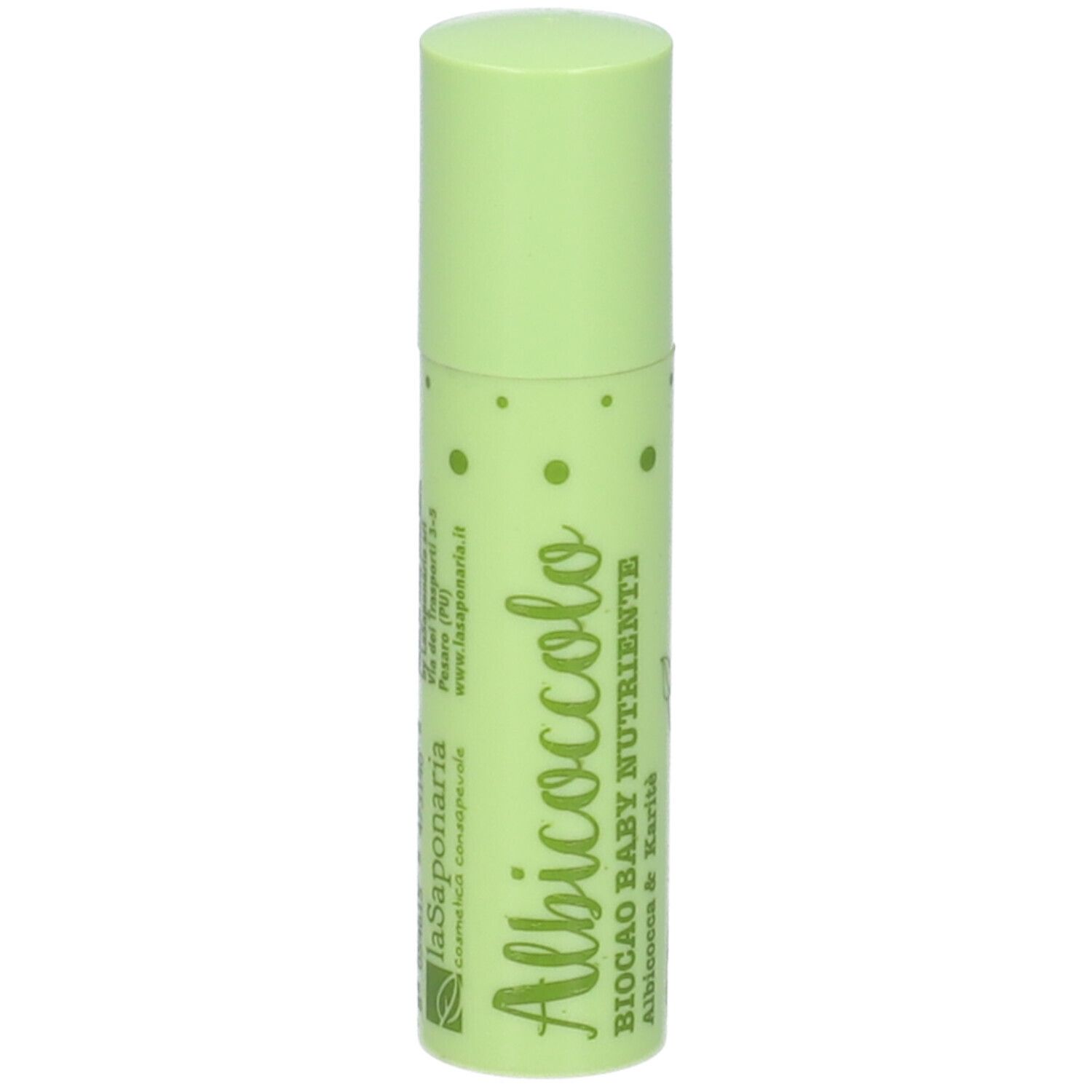 Stick balsamo labbra verde con scritta 'Albococco Baby Nutriente'.