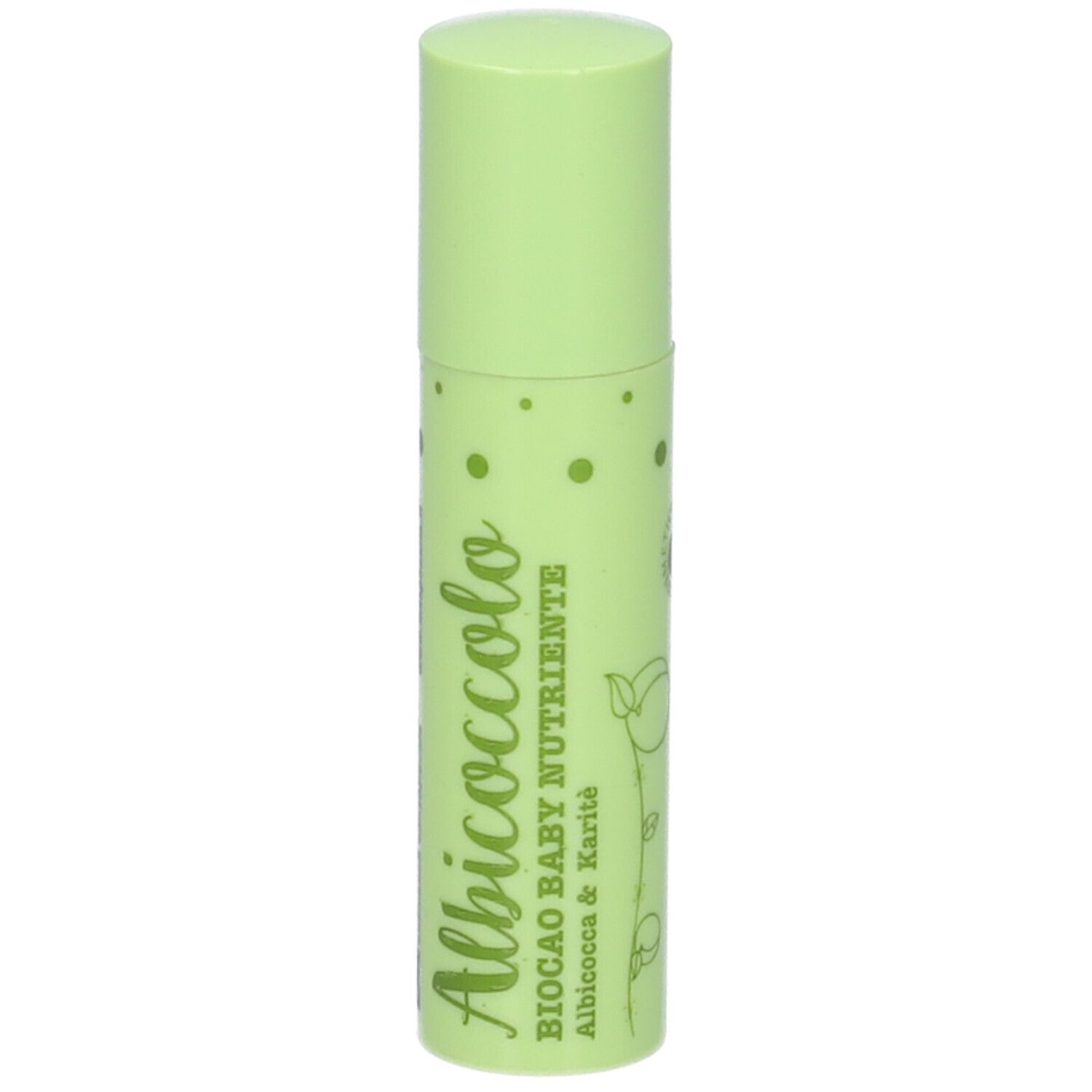 Stick balsamo labbra verde con scritta 'Albococco Baby Nutriente'.