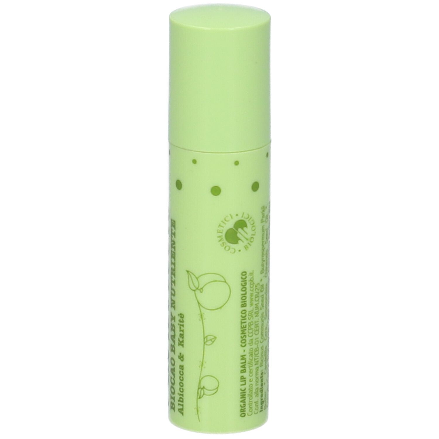 Stick balsamo labbra verde con scritta 'Albococco Baby Nutriente'.