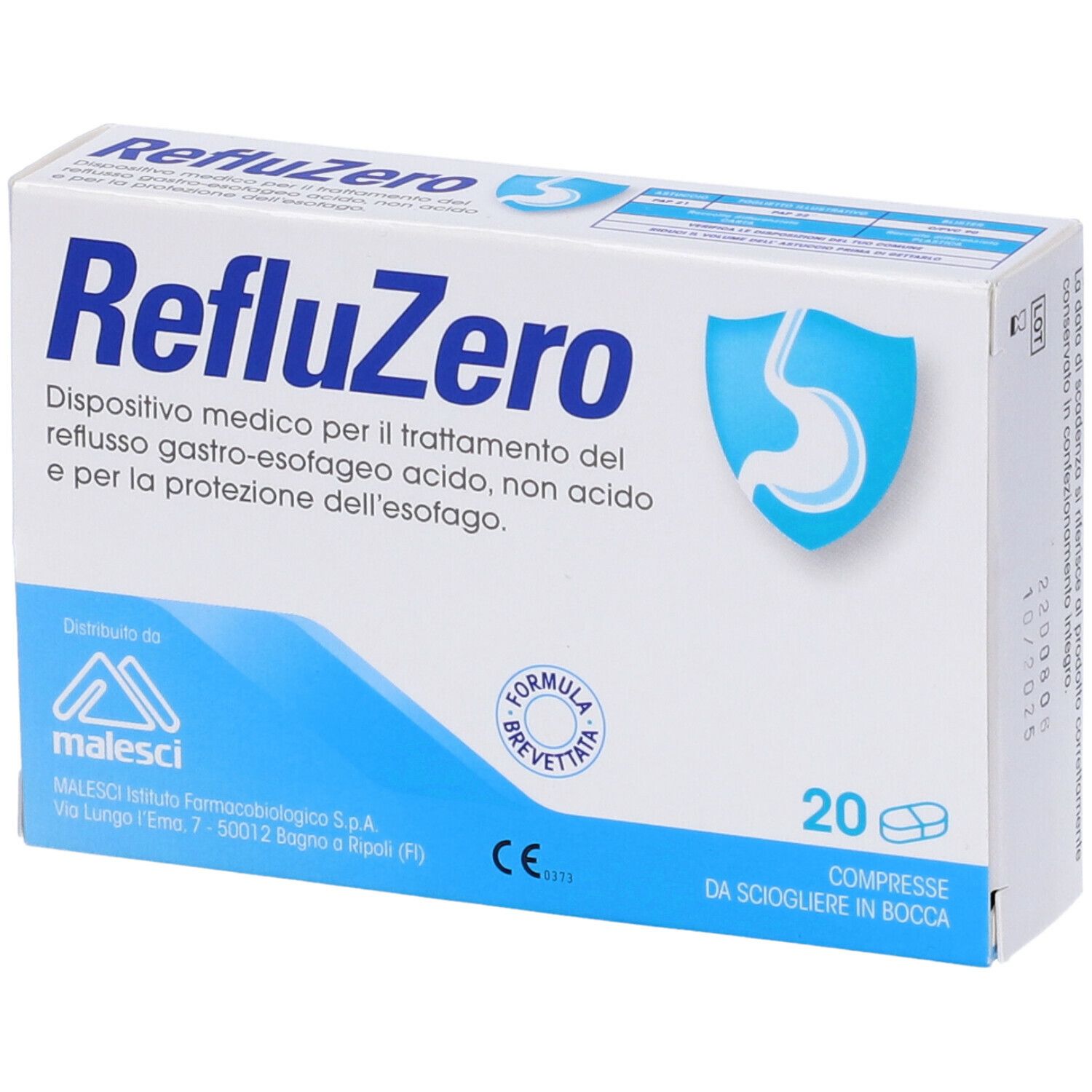 Scatola bianca "RefluZero" con logo e 20 compresse. Dispositivo medico per il reflusso.