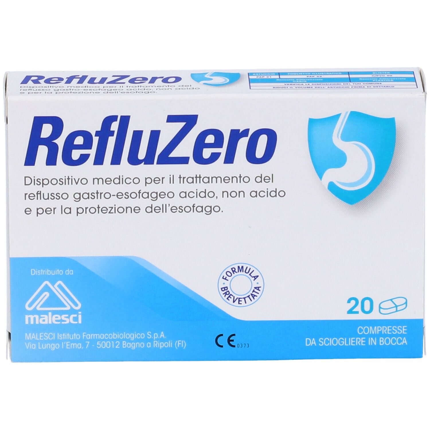 Scatola bianca "RefluZero" con logo e 20 compresse. Dispositivo medico contro il reflusso.