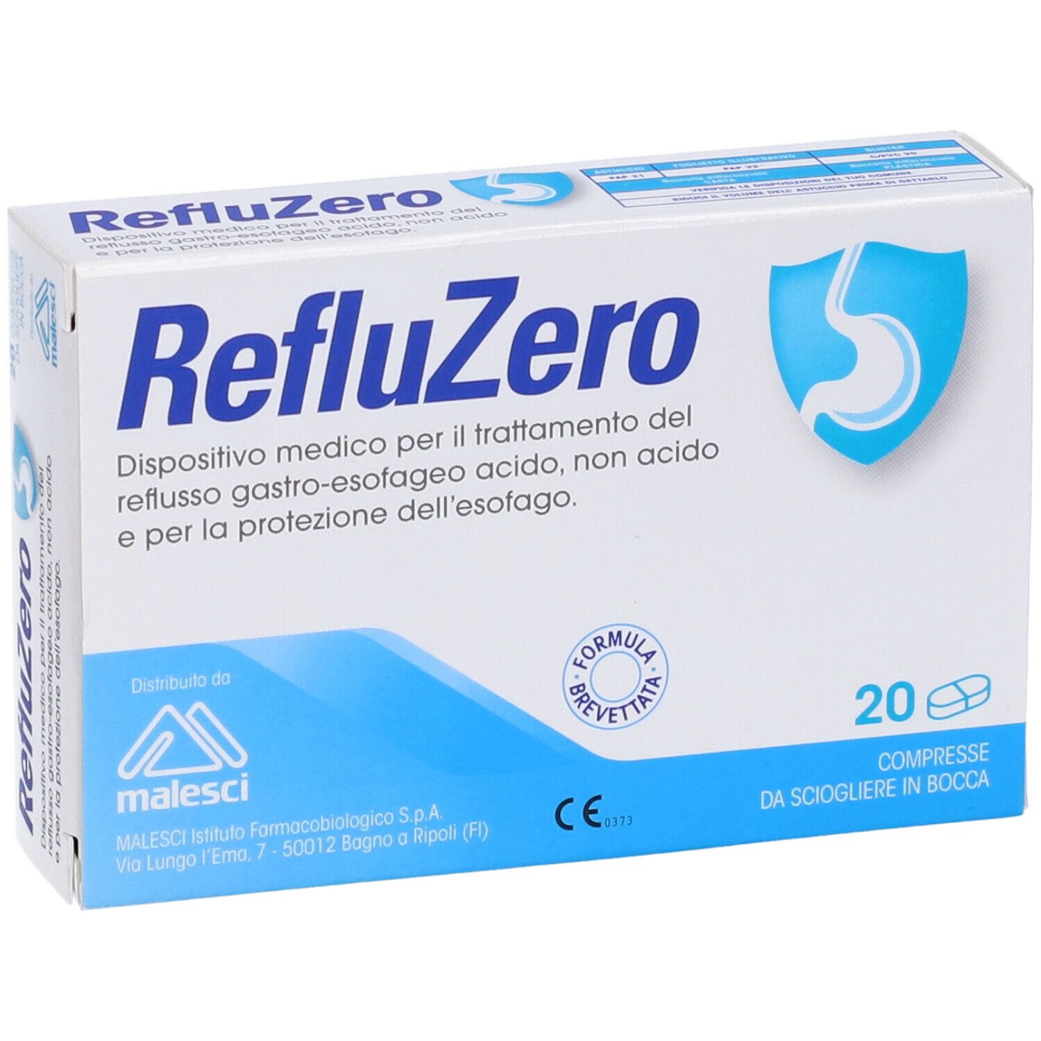 Scatola bianca "RefluZero" con logo e 20 compresse. Dispositivo medico contro il reflusso.