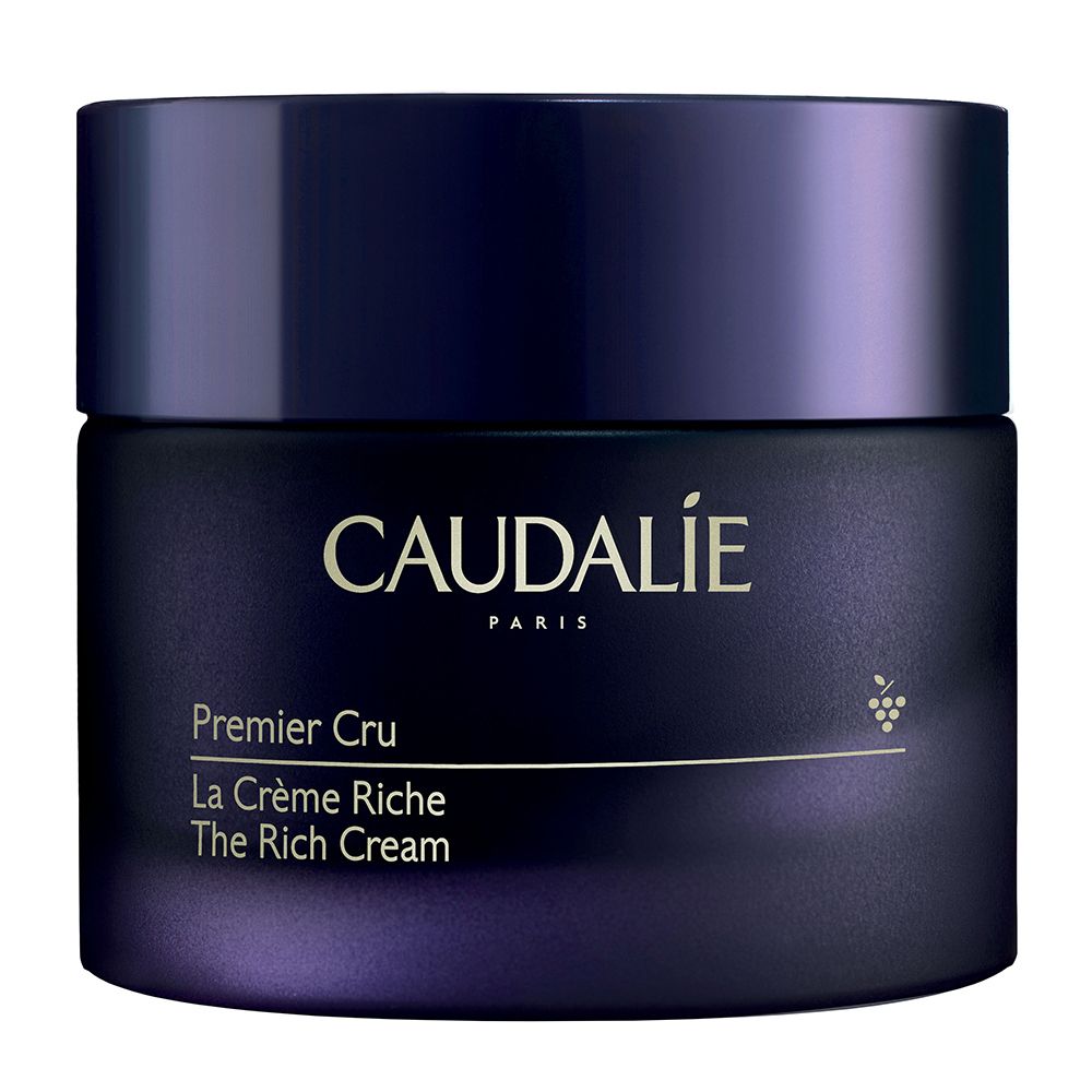 Vaso di crema blu scuro con coperchio. Scritta: Caudalie, Premier Cru, La Crème Riche, The Rich Cream.