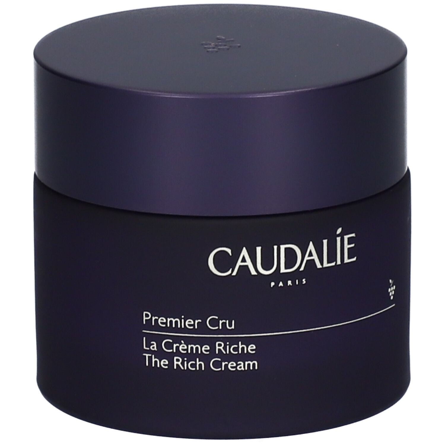 Vaso di crema blu scuro con coperchio. Scritta: Caudalie, Premier Cru, La Crème Riche, The Rich Cream.