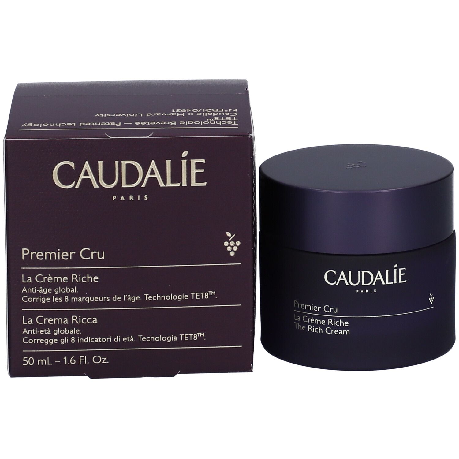 Vaso di crema e confezione. Sulla confezione: Caudalie, Premier Cru, La Crème Riche. Accanto, il vaso.