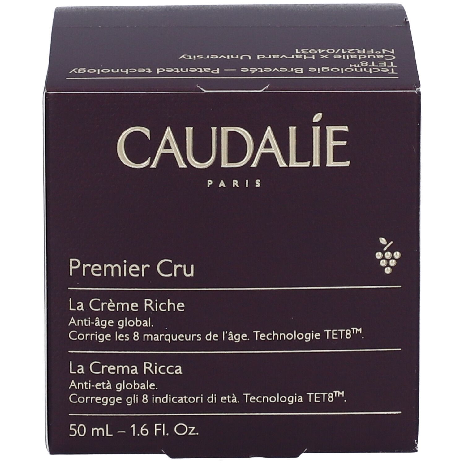 Confezione con scritta: Caudalie, Premier Cru, La Crème Riche. Testo in più lingue, tra cui francese e italiano.
