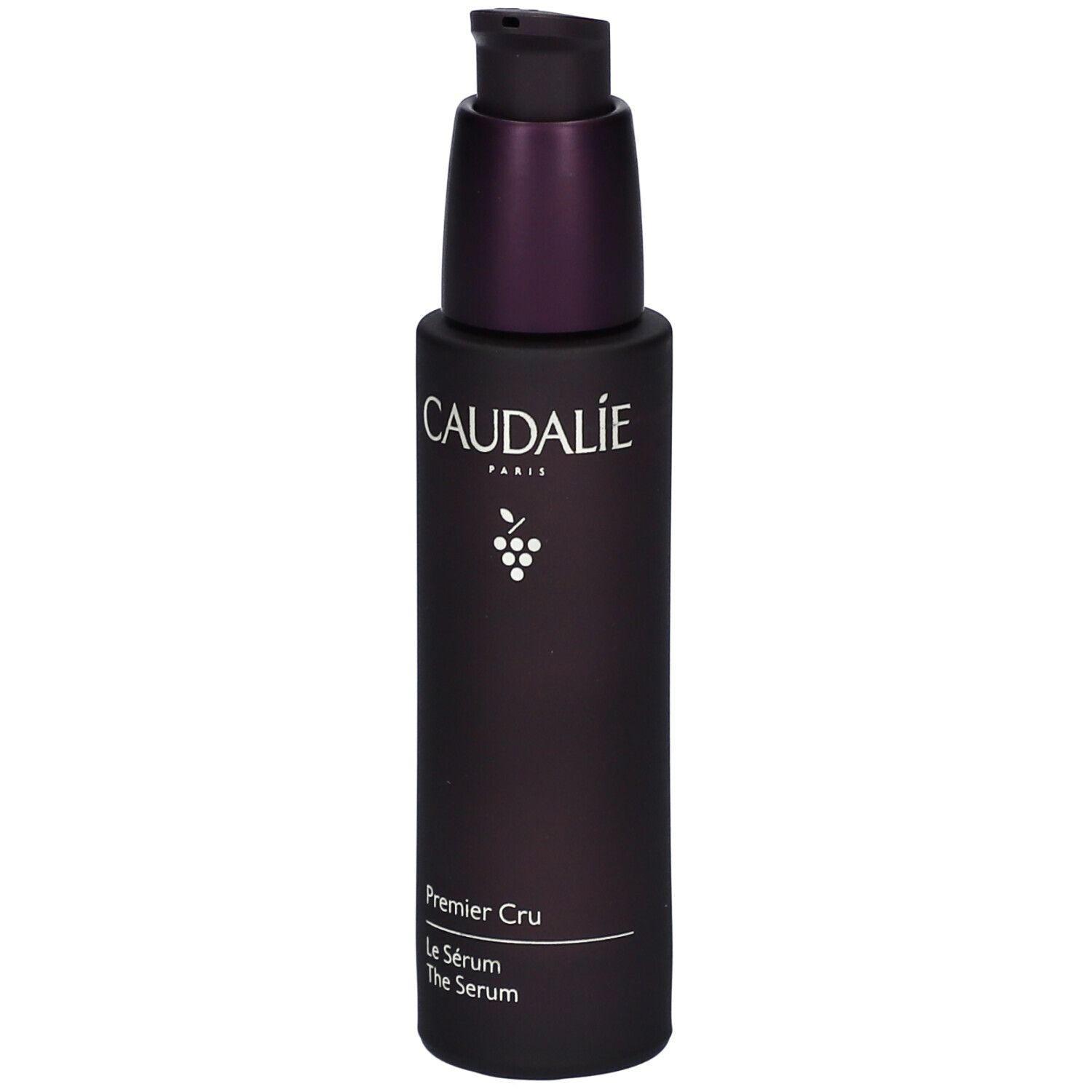 Flacone viola scuro con dosatore. Scritta Caudalie, Premier Cru, Le Sérum, The Serum. Logo uva.