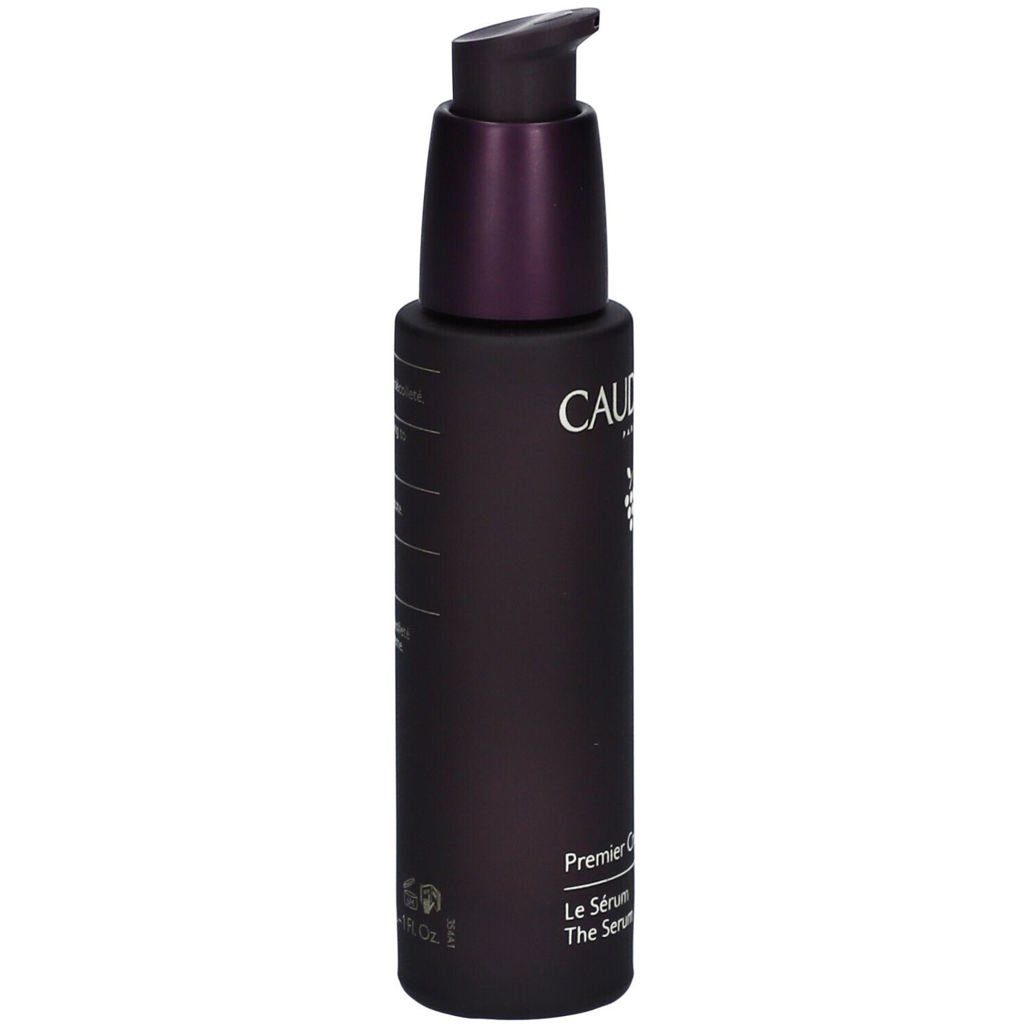 Flacone viola scuro con dosatore. Scritta Caudalie, Premier Cru, Le Sérum, The Serum. Testo laterale.