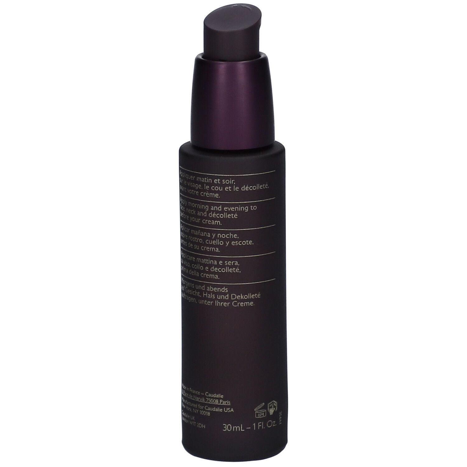 Flacone viola scuro con dosatore. Scritta Caudalie, Premier Cru, Le Sérum, The Serum. Testo laterale.