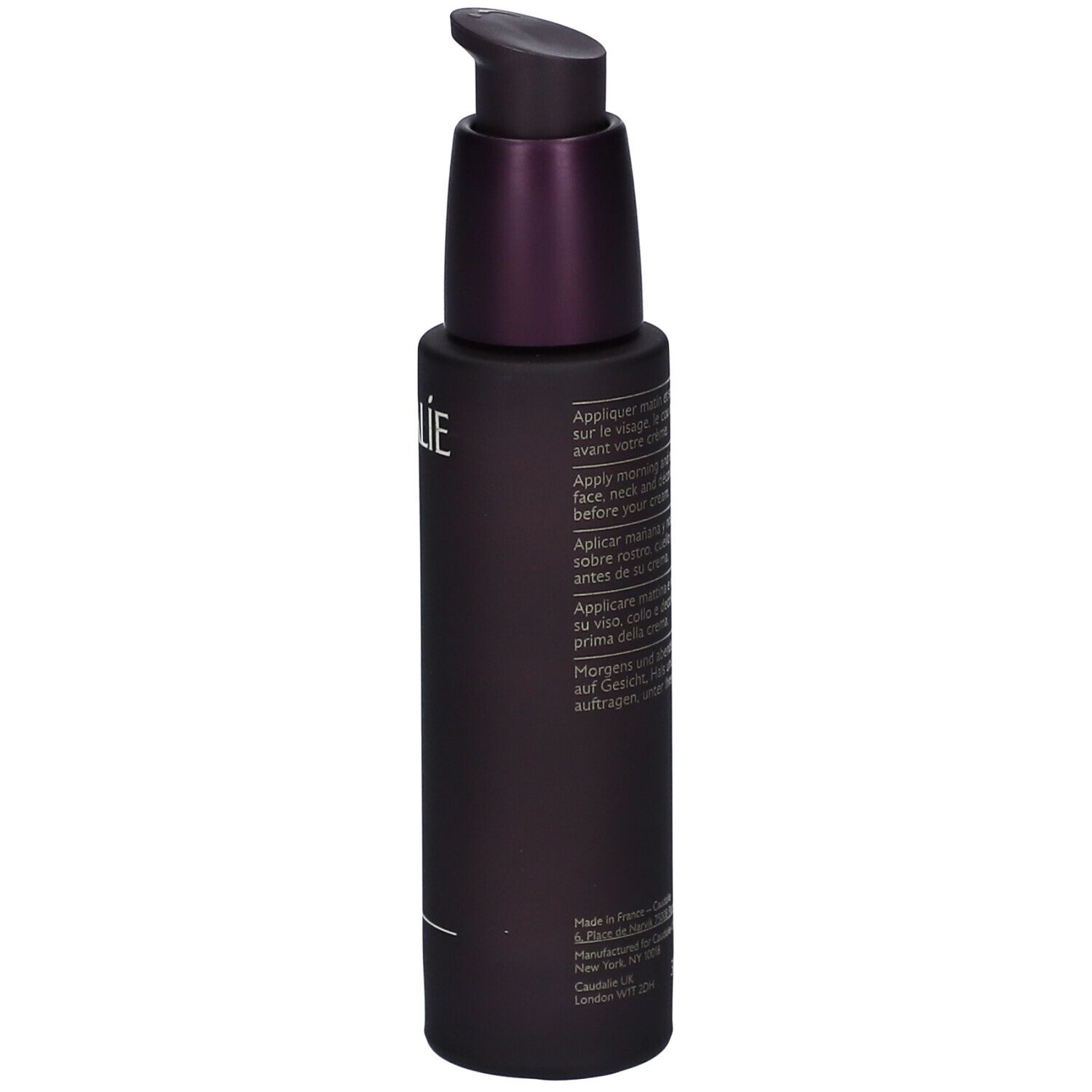Flacone viola scuro con dosatore. Scritta Caudalie, Premier Cru, Le Sérum, The Serum. Testo laterale.