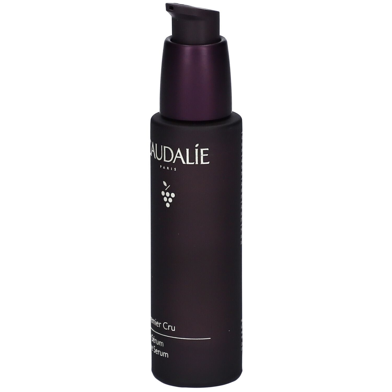 Flacone viola scuro con dosatore. Scritta Caudalie, Premier Cru, Le Sérum, The Serum. Testo laterale.
