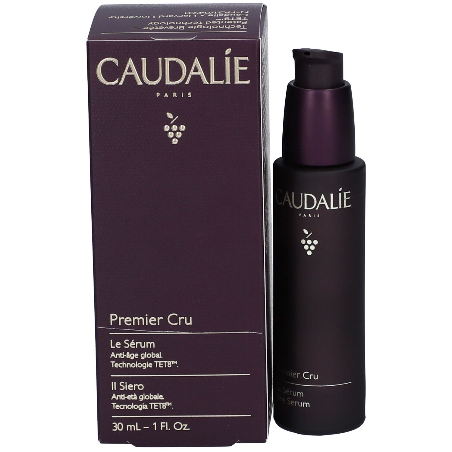 Flacone viola scuro con dosatore. Scritta Caudalie, Premier Cru, Le Sérum, The Serum. Logo uva.