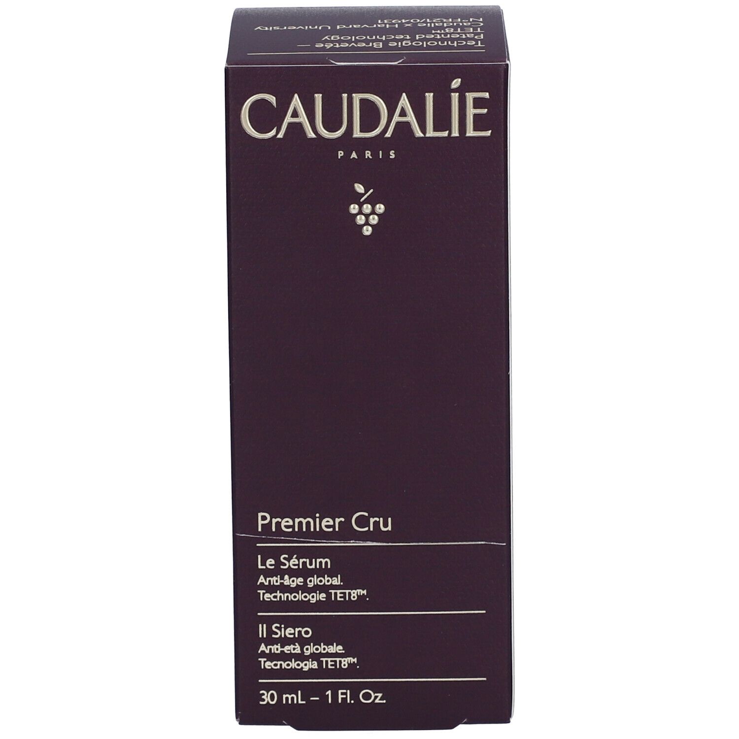 Confezione del prodotto con flacone. Scritta Caudalie, Premier Cru, Le Sérum, Anti-età globale. 30 ml.