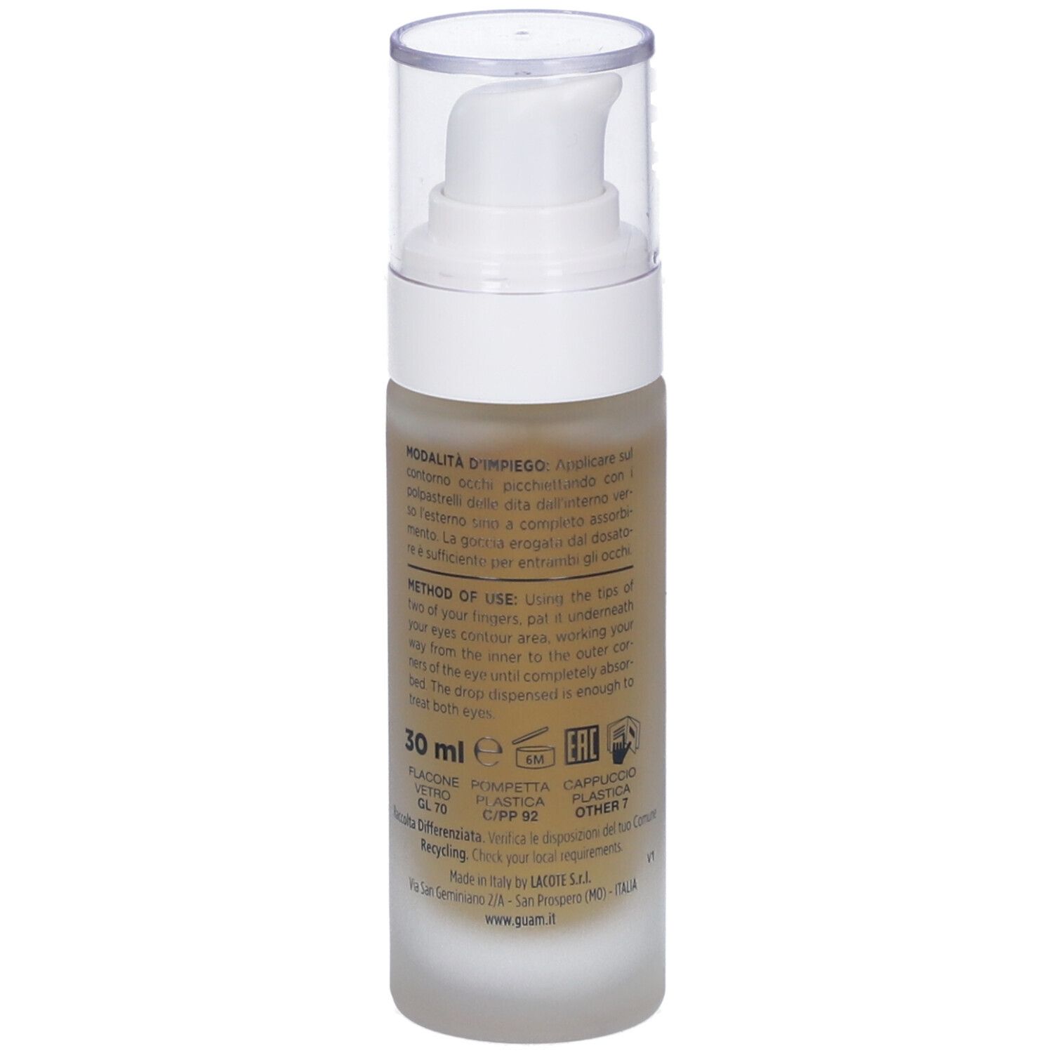 GUAM Seatherapy Siero Borse Occhiaie Augencreme mit 30 ml Angabe und Anwendungshinweisen.