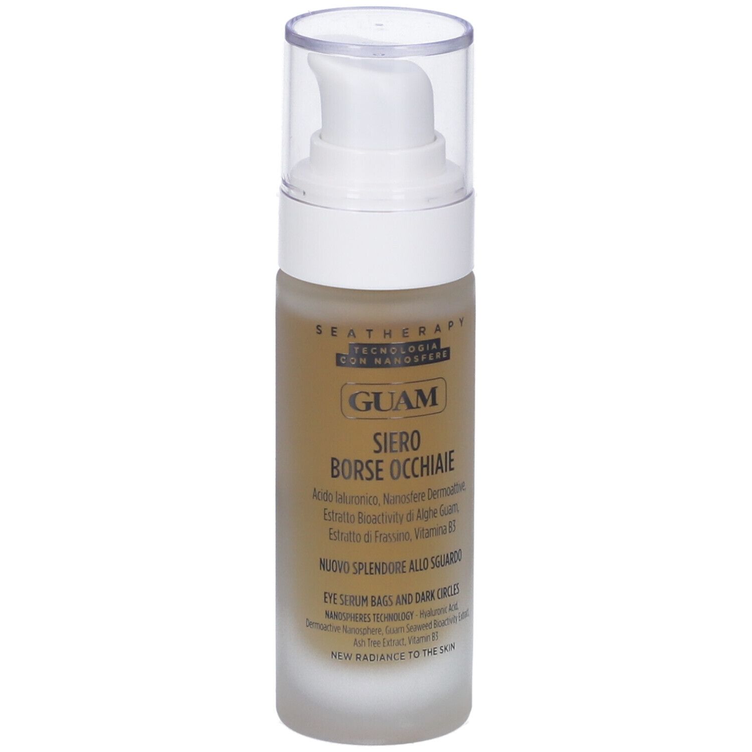 Flasche mit GUAM Seatherapy Siero Borse Occhiaie Augencreme und sichtbarem Pumpmechanismus.