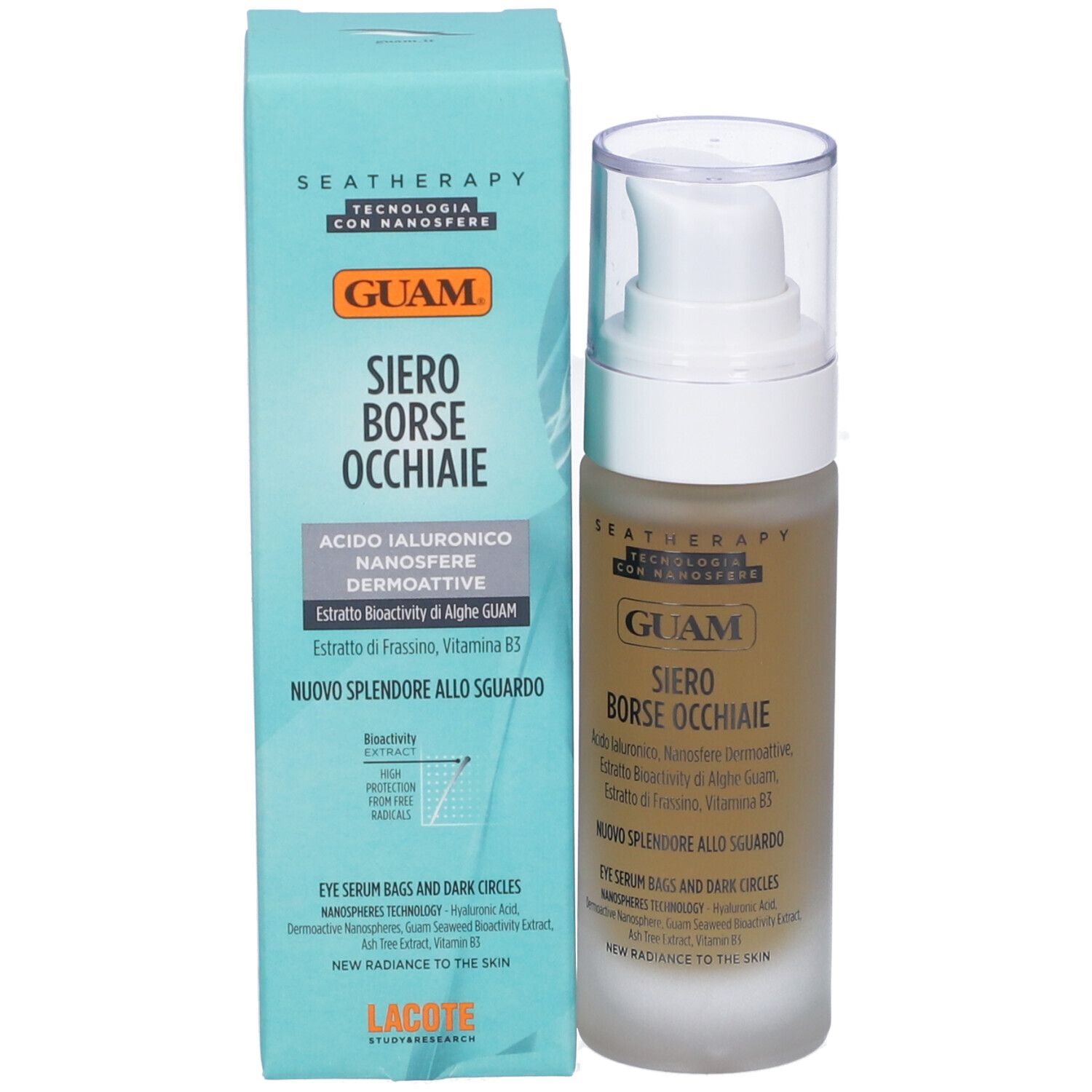 GUAM Seatherapy Siero Borse Occhiaie Augencreme neben der Produktverpackung.