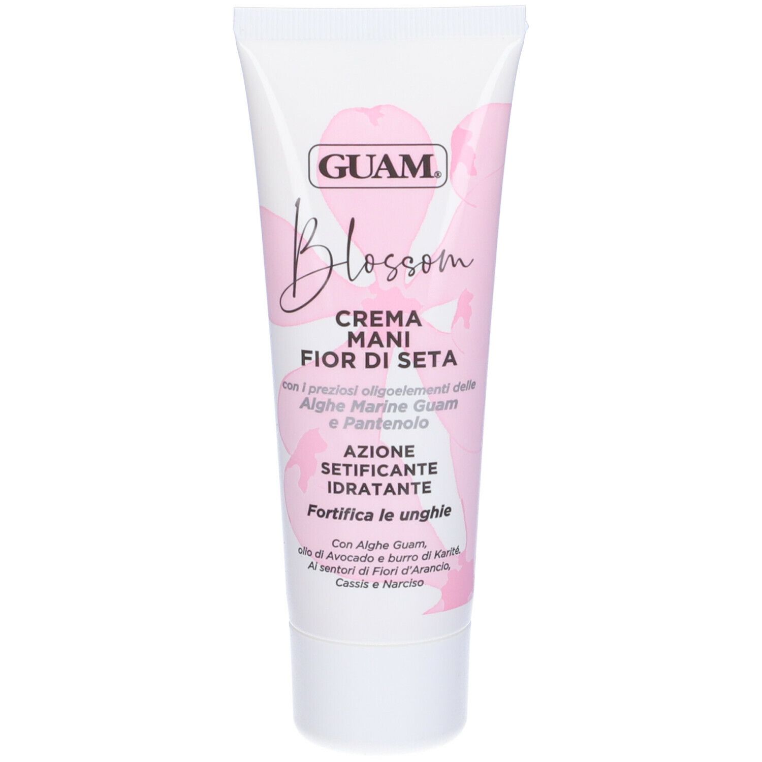Tubo bianco di crema mani GUAM Blossom. Motivi floreali rosa. Testo: Crema Mani Fior Di Seta, Azione Setificante Idratante.