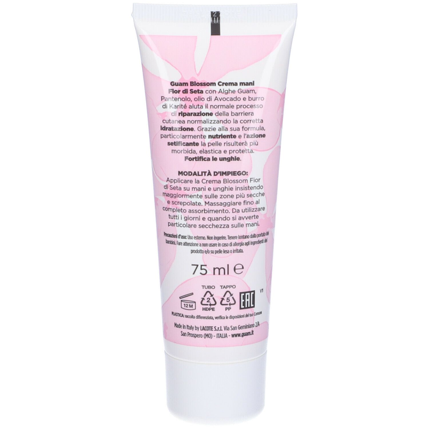 Retro del tubo di crema mani GUAM Blossom. Testo: Guam Blossom Crema mani Fior di Seta, 75 ml. Simboli di riciclaggio.