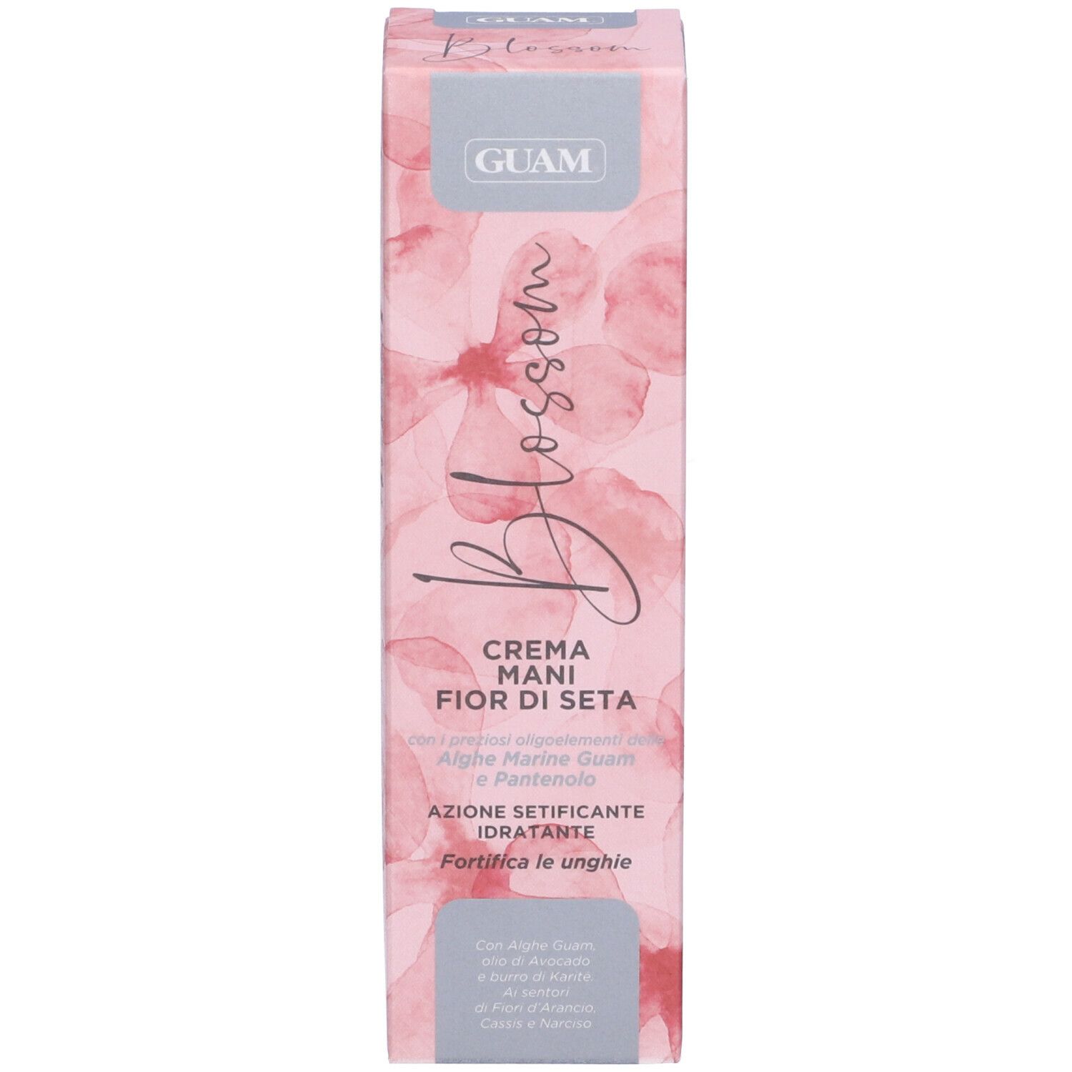Confezione della crema mani GUAM Blossom. Motivi floreali rosa. Testo: Crema Mani Fior Di Seta, Azione Setificante Idratante.
