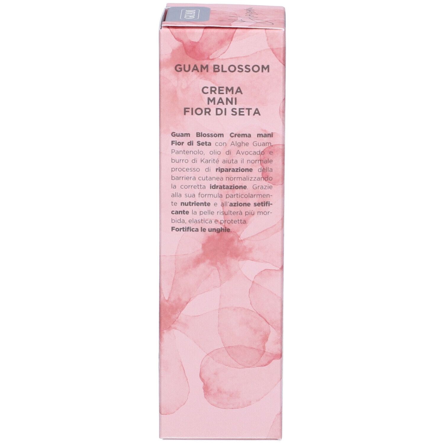 Confezione della crema mani GUAM Blossom. Motivi floreali rosa. Testo: Guam Blossom Crema mani Fior di Seta. Descrizione del prodotto.