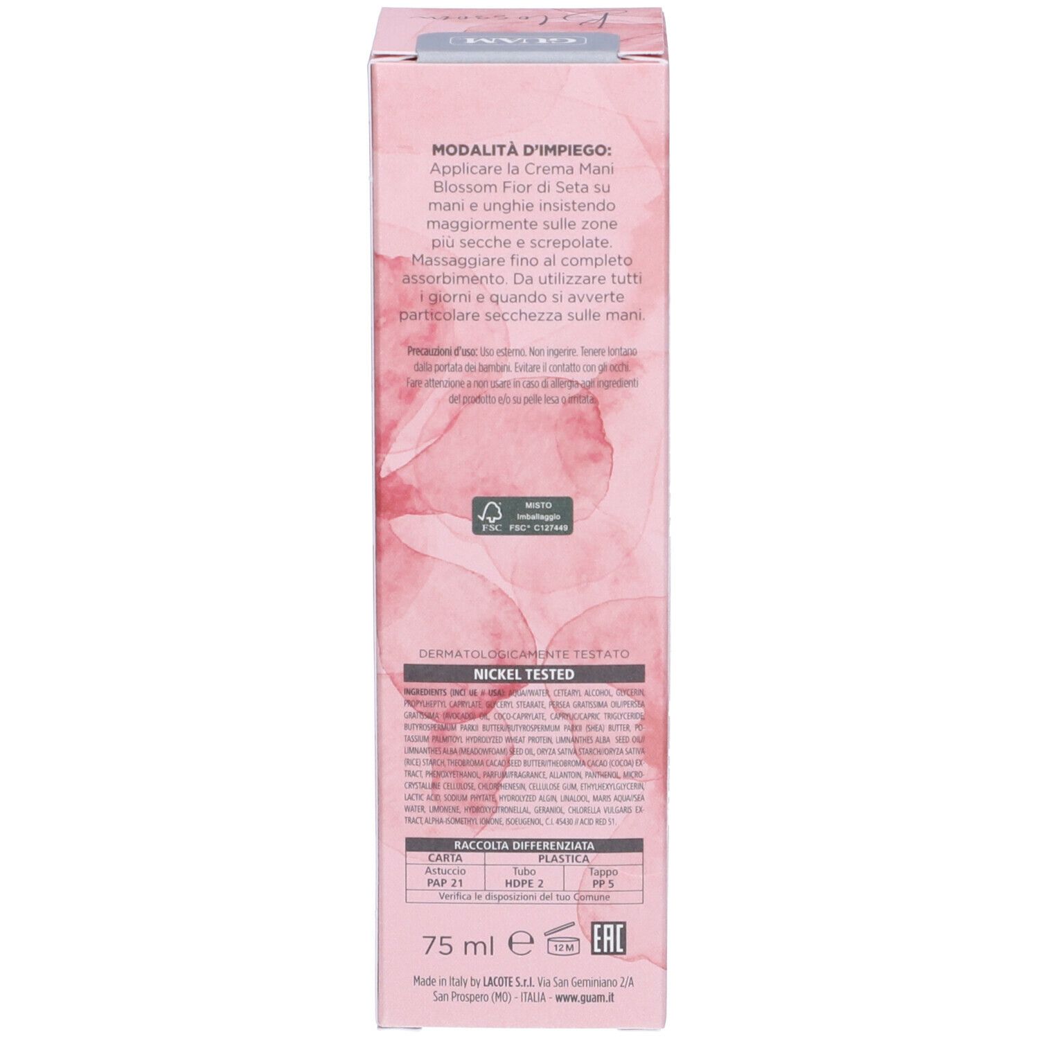 Confezione della crema mani GUAM Blossom. Motivi floreali rosa. Testo: Modalità d'impiego, 75 ml, Nickel Tested, simboli di riciclaggio.