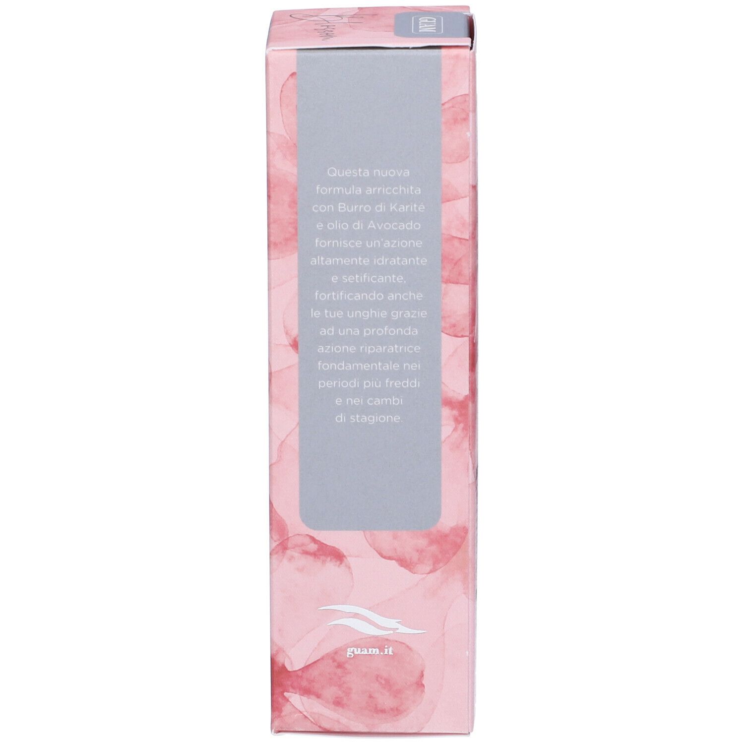 Confezione della crema mani GUAM Blossom. Motivi floreali rosa. Testo: Descrizione del prodotto, arricchito con burro di Karité e olio di Avocado.