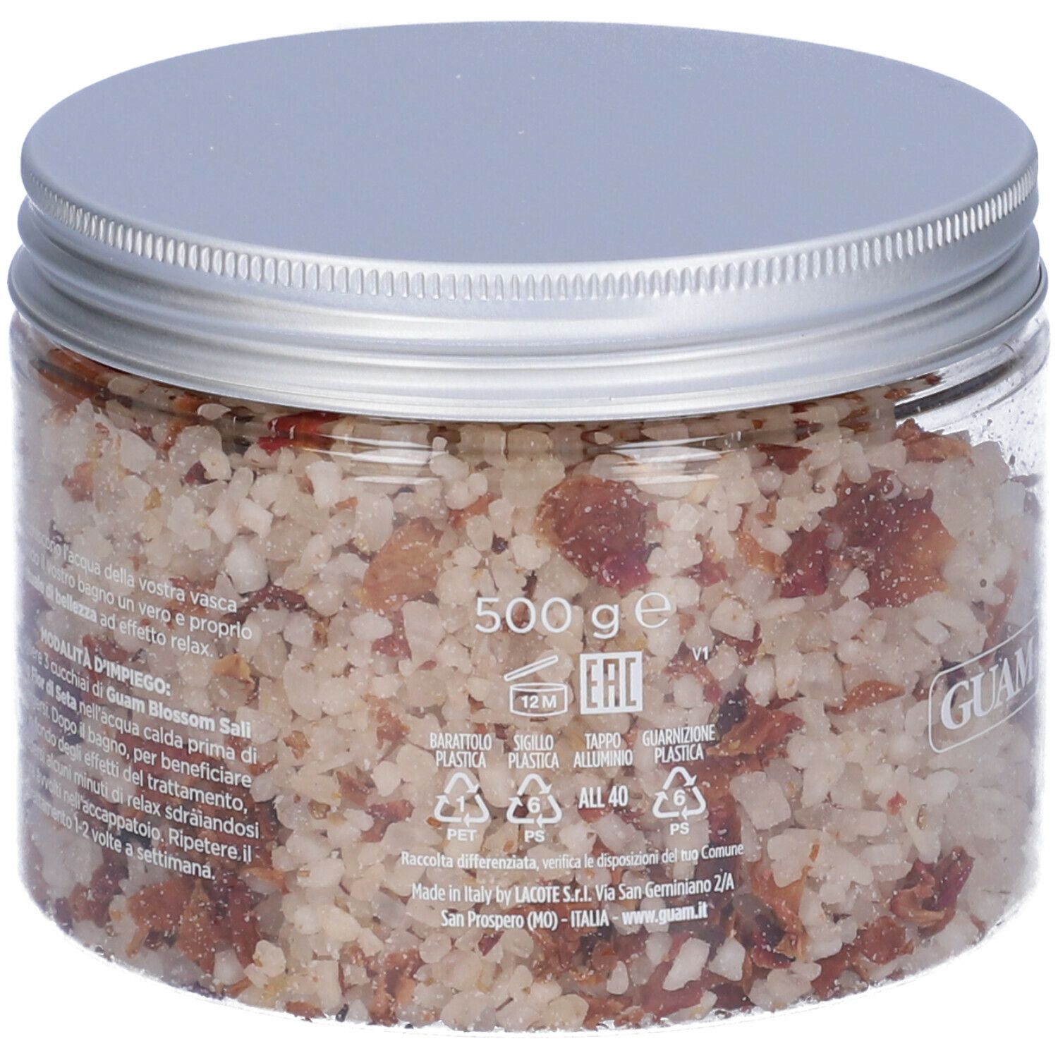 Barattolo trasparente con sale. Retro con testo. Testo: 500 g, codice EAN, simboli di riciclaggio, GUAM.