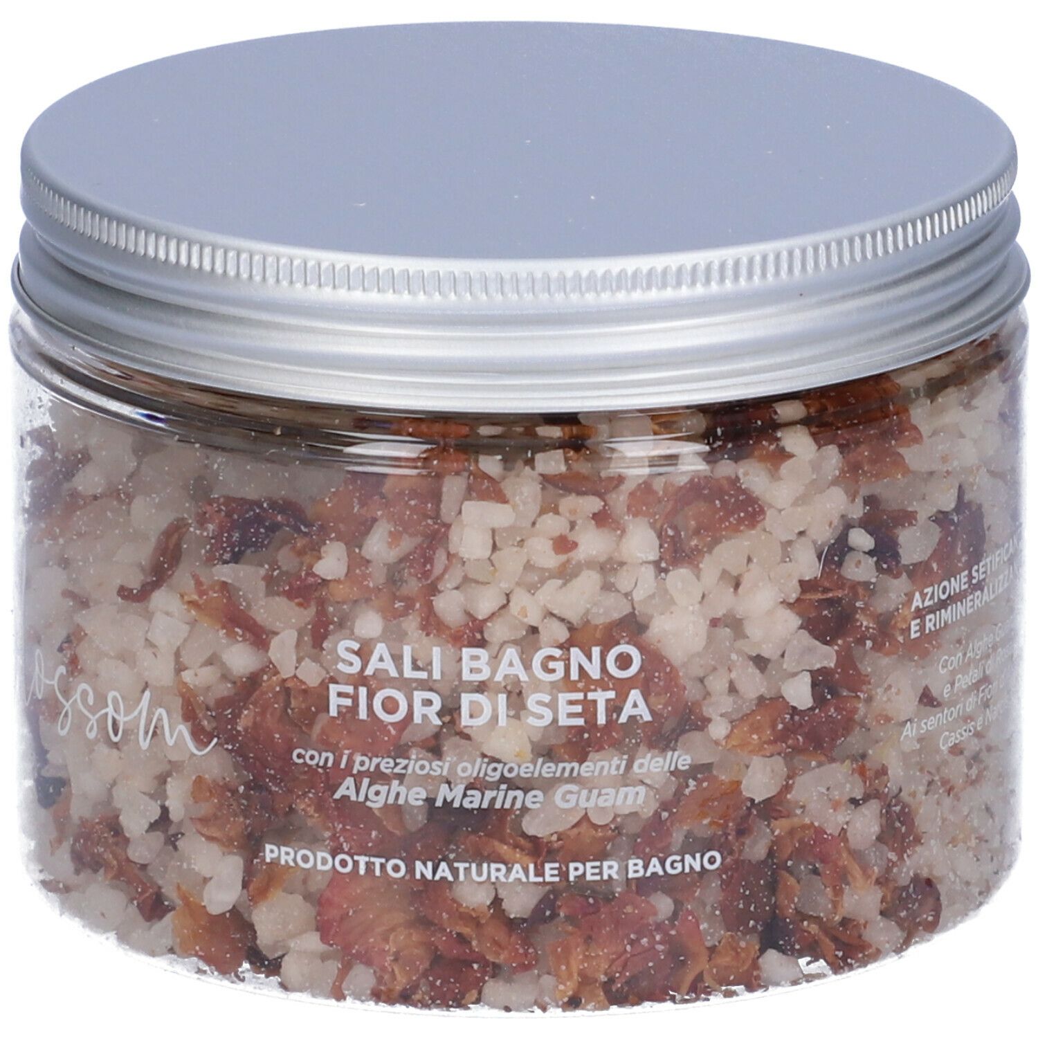 Barattolo trasparente con sale. Testo sull'etichetta. Testo: Sali Bagno Fior Di Seta, GUAM, Alghe.