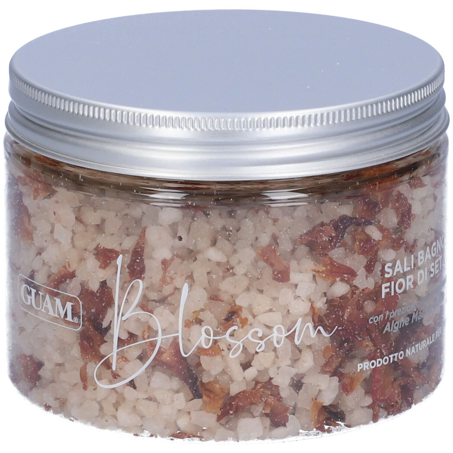 Barattolo trasparente con sale. Testo sull'etichetta. Testo: GUAM, Blossom, Sali Bagno Fior Di Seta.