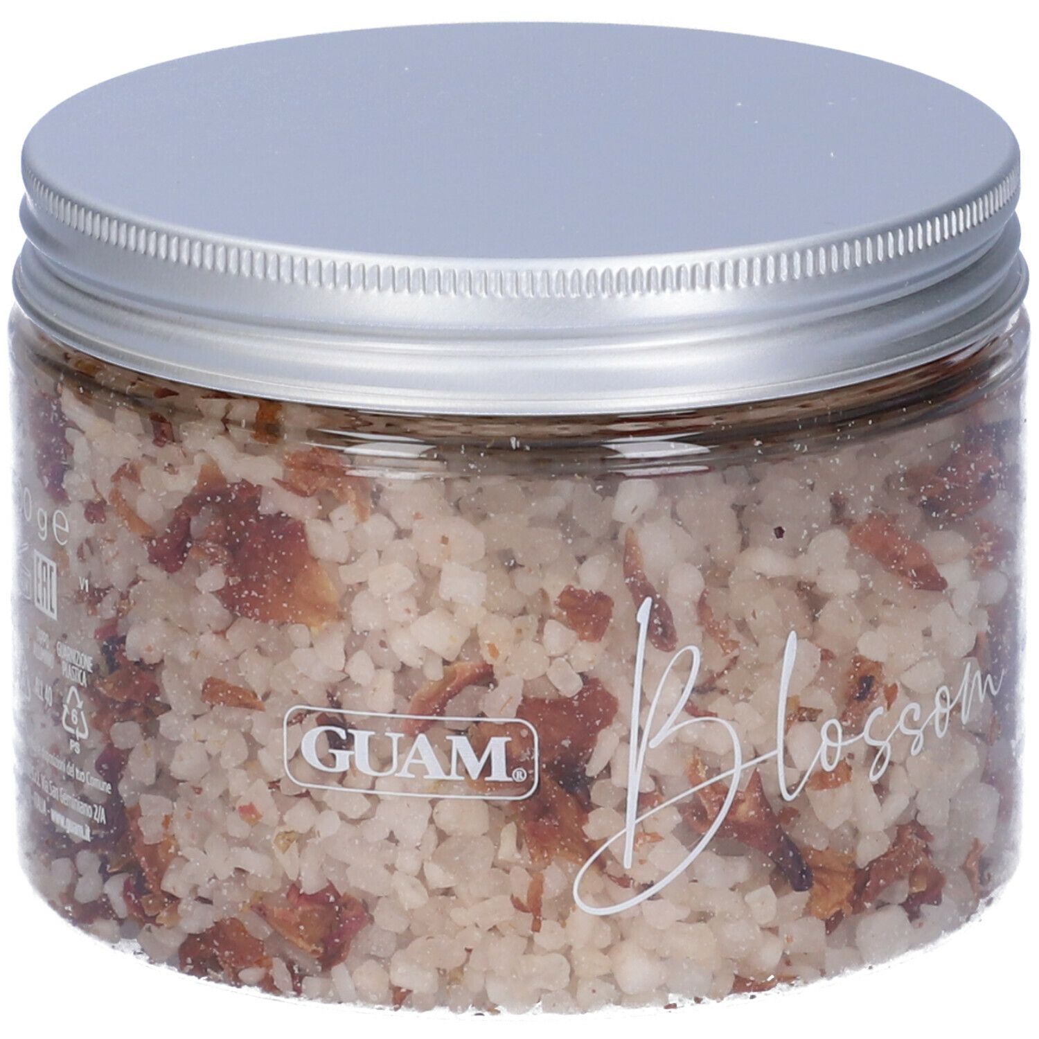 Barattolo trasparente con sale. Testo: GUAM, Blossom. Coperchio in metallo.