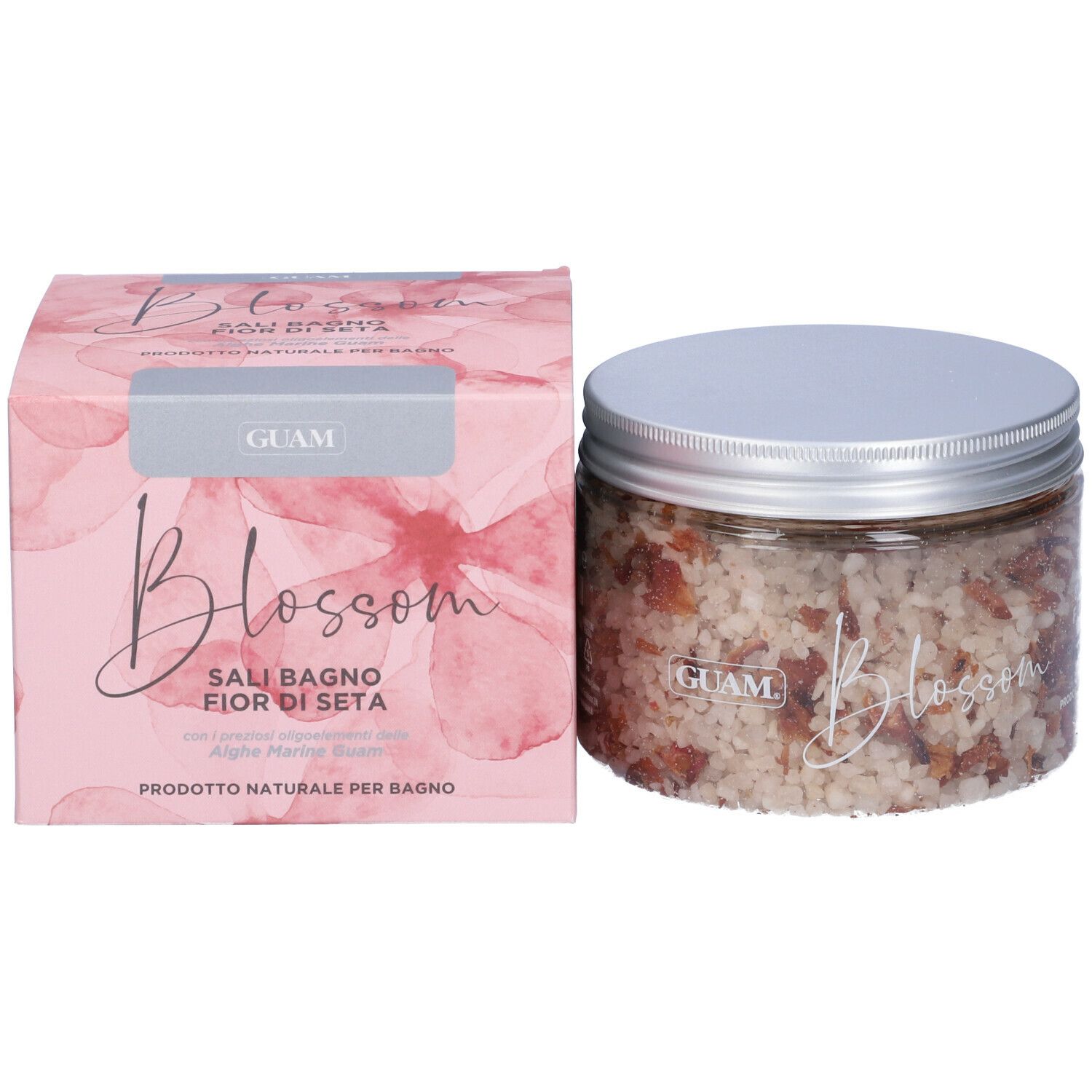 GUAM Blossom Sali Bagno Fior Di Seta. Confezione rosa e barattolo con sale. Testo: GUAM, Blossom, Fior Di Seta.